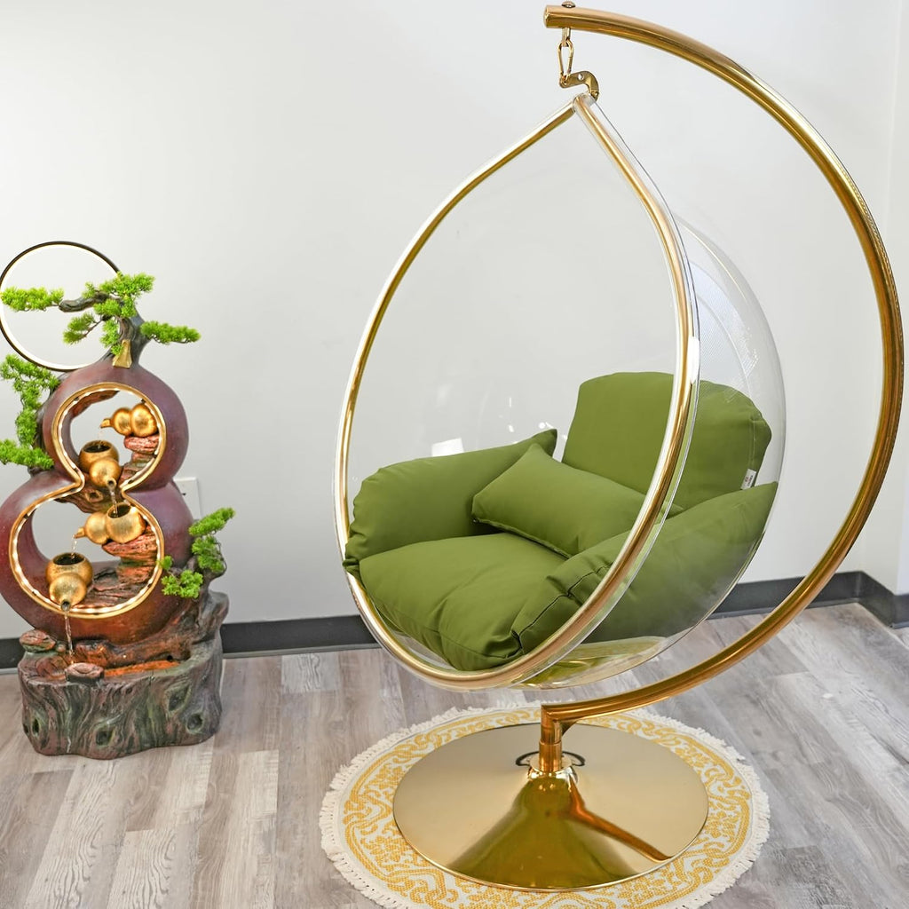 Hanging Chair - Transparent Acrylic Bubble, Waterdrop Shape, Indoor Swing Chair with Gold/Chrome Stand, Durable Fabric Cushion - Luxury Accent for Living Room, Bedroom (Gold/Green)