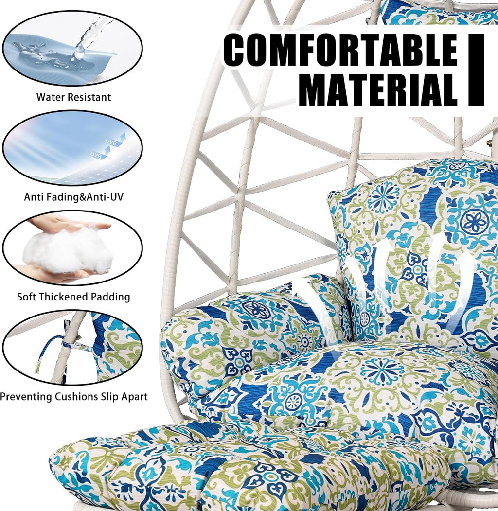 Hanging Egg Chair with Stand & Leg Rest,Rattan Wicker Swing Chair with Cushion,Patio Basket Hanging Chair Wicker Hammock Chair for Indoor Outdoor Bedroom Garden,300LBS (White Rattan&Floral Cushion)