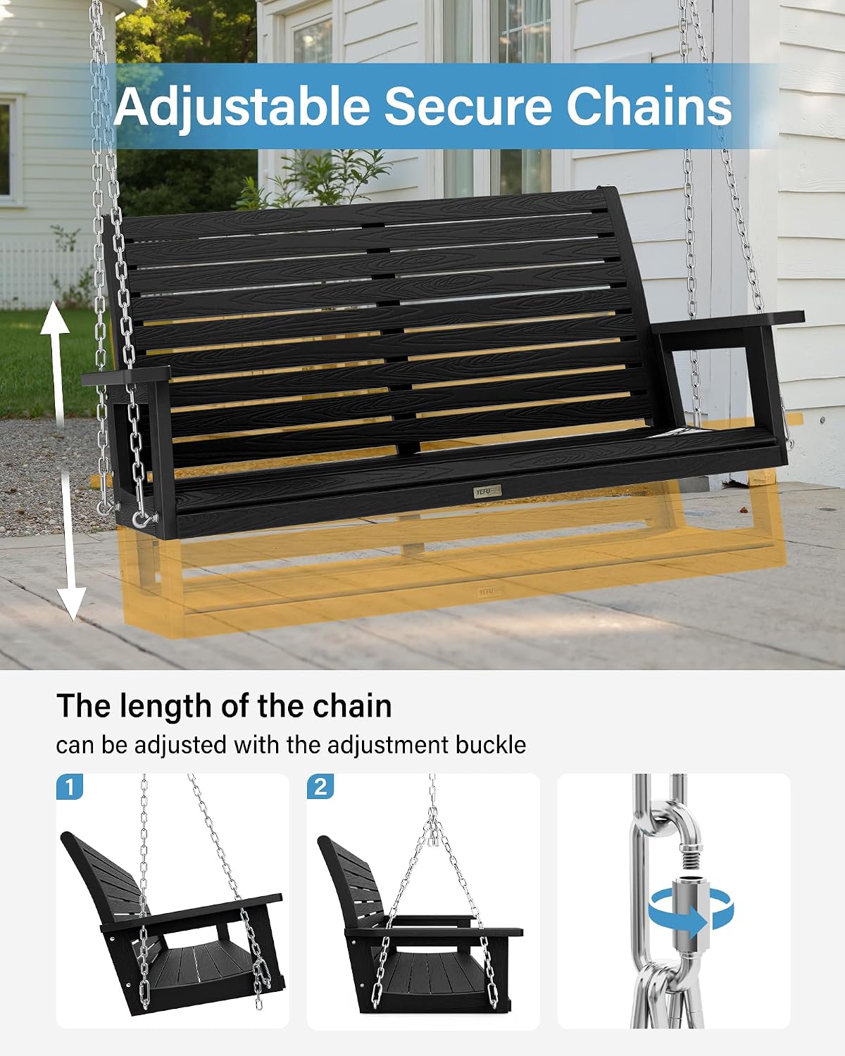 YEFU Hanging Porch Swing Outdoor: 2-Seat Patio Swing Bench-All Weather Swings Chair with Hanging Chains-Look Like Real Wood-Garden/Courtyard/660Lbs Weight Capacity/4FT/Black