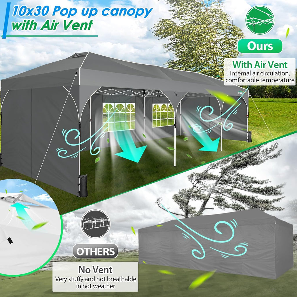 COBIZI 10x30 Pop Up Canopy Tent for Parties with 5 Sidewalls| Push Center Lock & Air Vent| Waterproof & UPF50+ |Gazebo Outdoor Tent for Party,Wedding,BBQ with 4 Sandbags, 8 Stakes & 16 Ropes,Grey