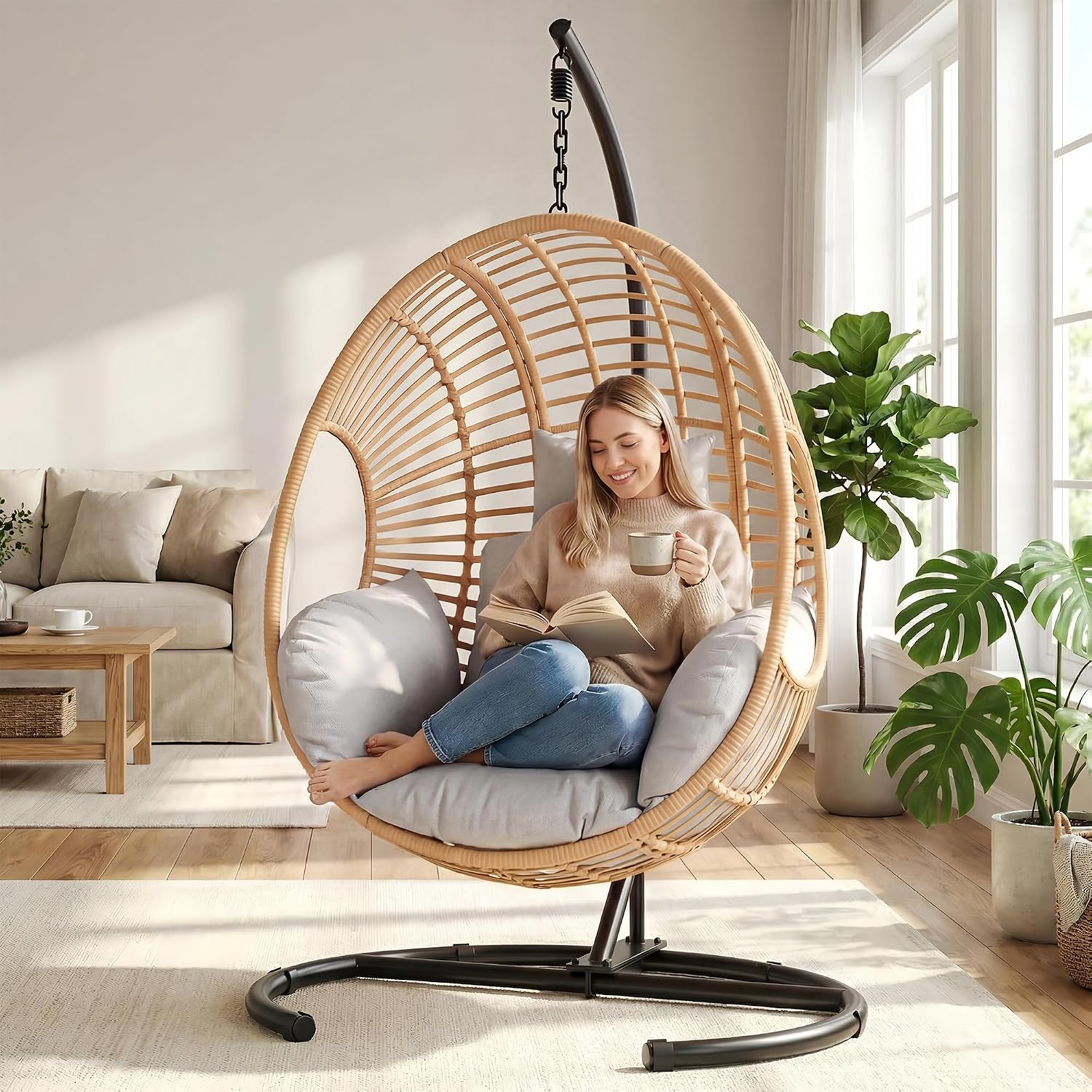 Oversized Hanging Egg Chair Outdoor Indoor, Wicker Swing Egg Chair with Stand 400lbs Capacity for Bedroom, Patio, Garden and Balcony (Beige-Regular, Oversize)