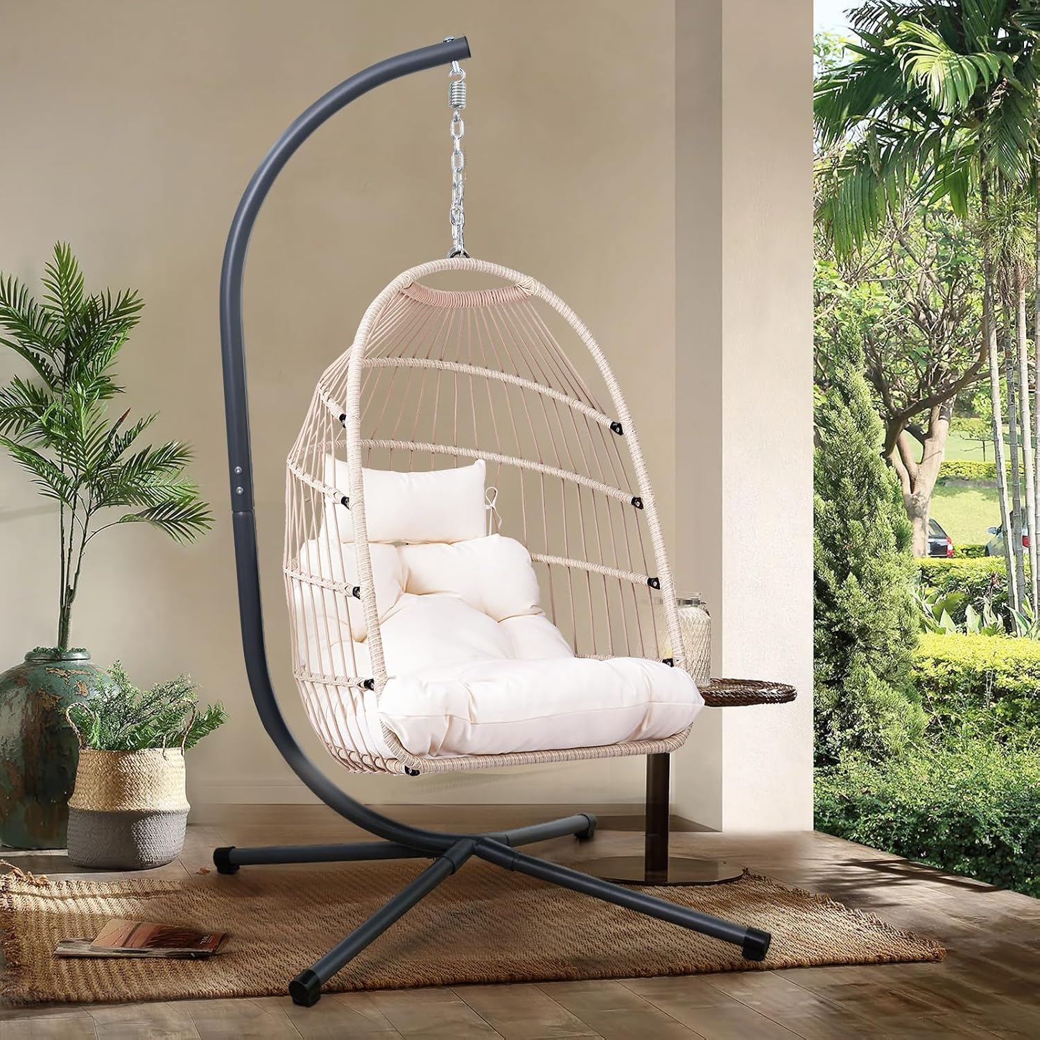 Foldable Hanging Egg Chair with Stand, HDPE Rattan and Heavy Duty Aluminum-Steel Frame, Outdoor Patio Wicker Swing Egg Chair with Headrest and Cushion, 350 Lbs Capacity, White