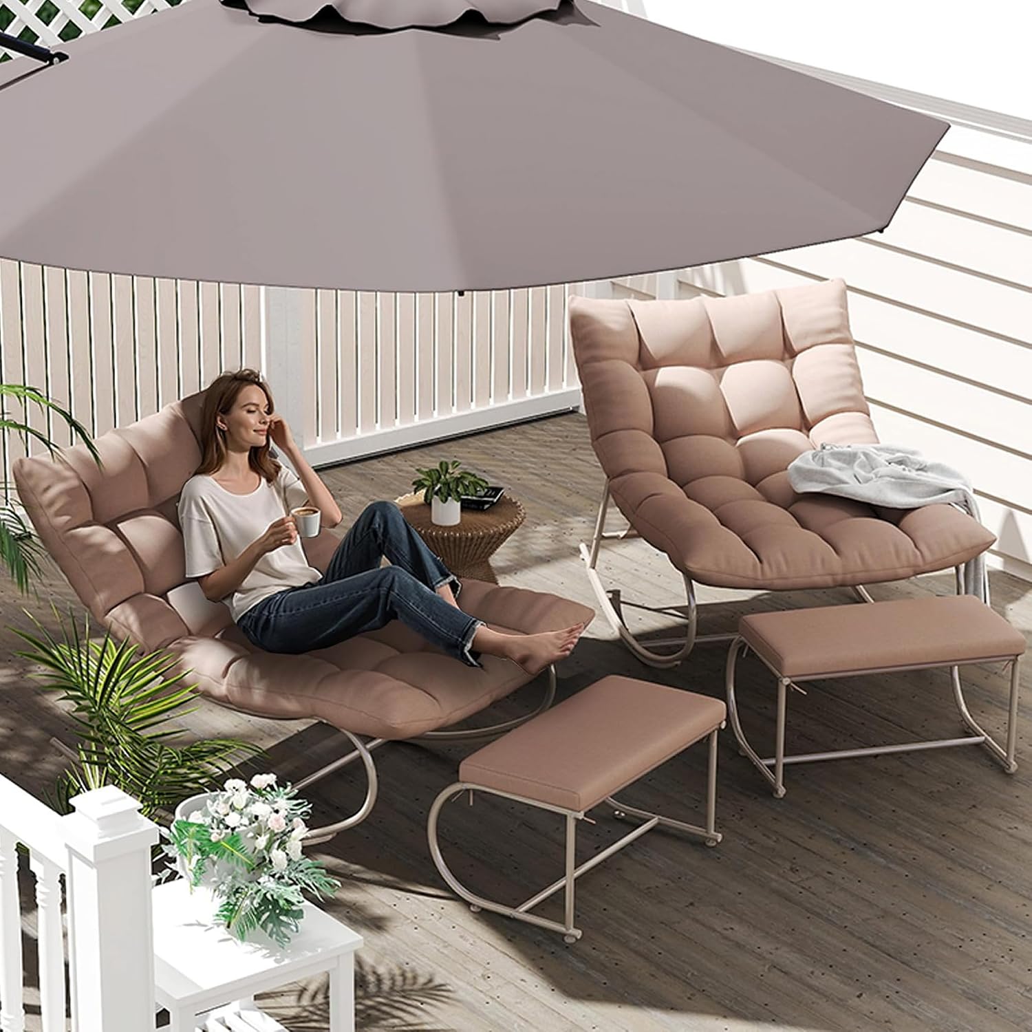 Outdoor Rocking Chairs Set of 2, Modern Papasan Rocking Chairs with Cushions, Upholstered Patio Rocking Chairs with Foot Rest, Cozy Metal Outdoor Lounge Rockers Recliner for Indoor, Khaki