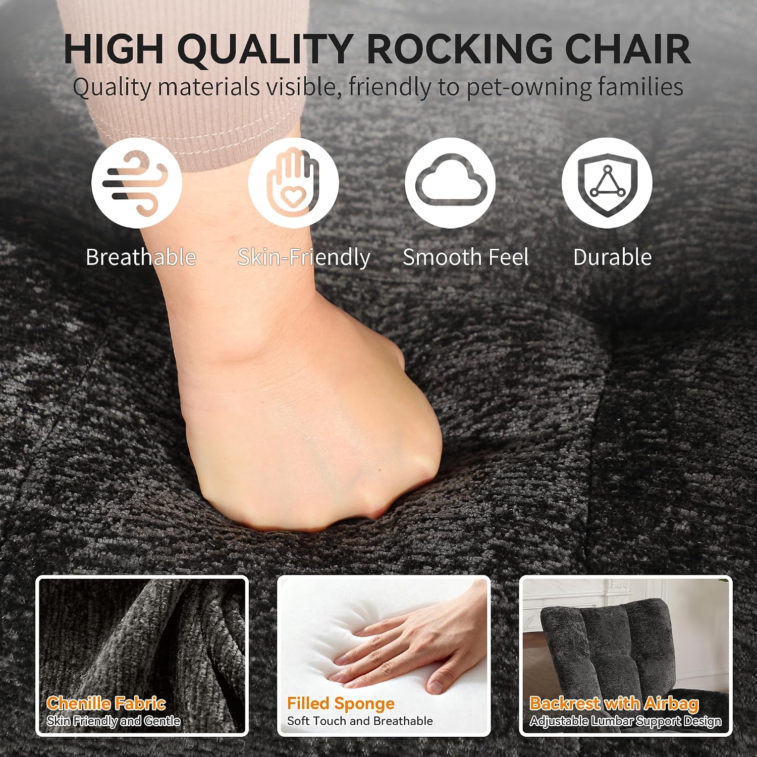 Rocking Chair with Airbag, Comfy Modern Reading & Nursing Nursery Rocking Chair indoor, Cozy Upholstered Glider Rocker Chairs with High Backrest for Living Room Bedroom Offices(Chenille, Black)
