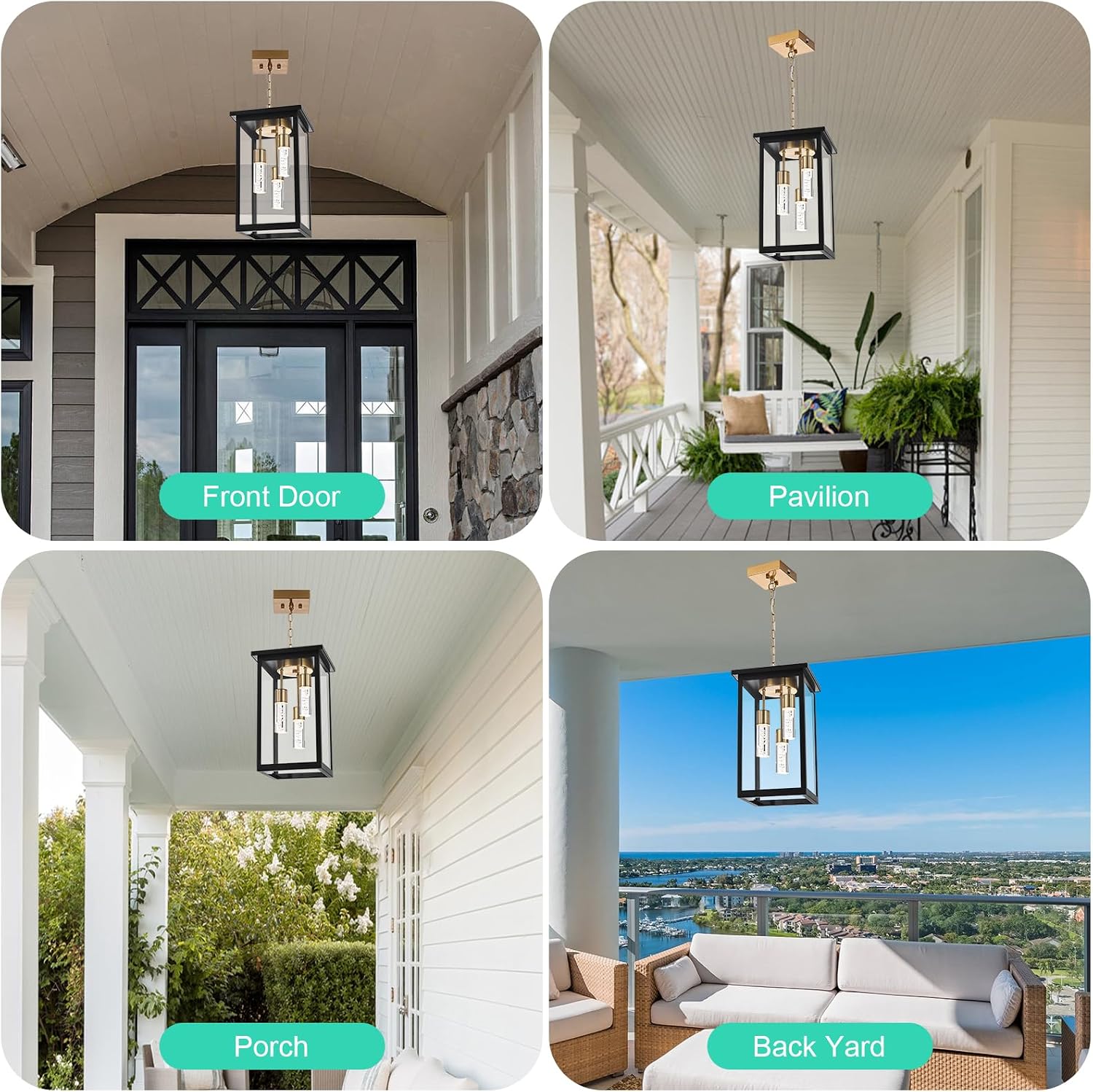 Yaohong 17' Large 5CCT LED Outdoor Pendant Light, 3-Lights Modern Black and Brushed Brass Hanging Ceiling Fixture with Acrylic Column & Clear Glass, Weatherproof Chandelier for Porch Gazebo