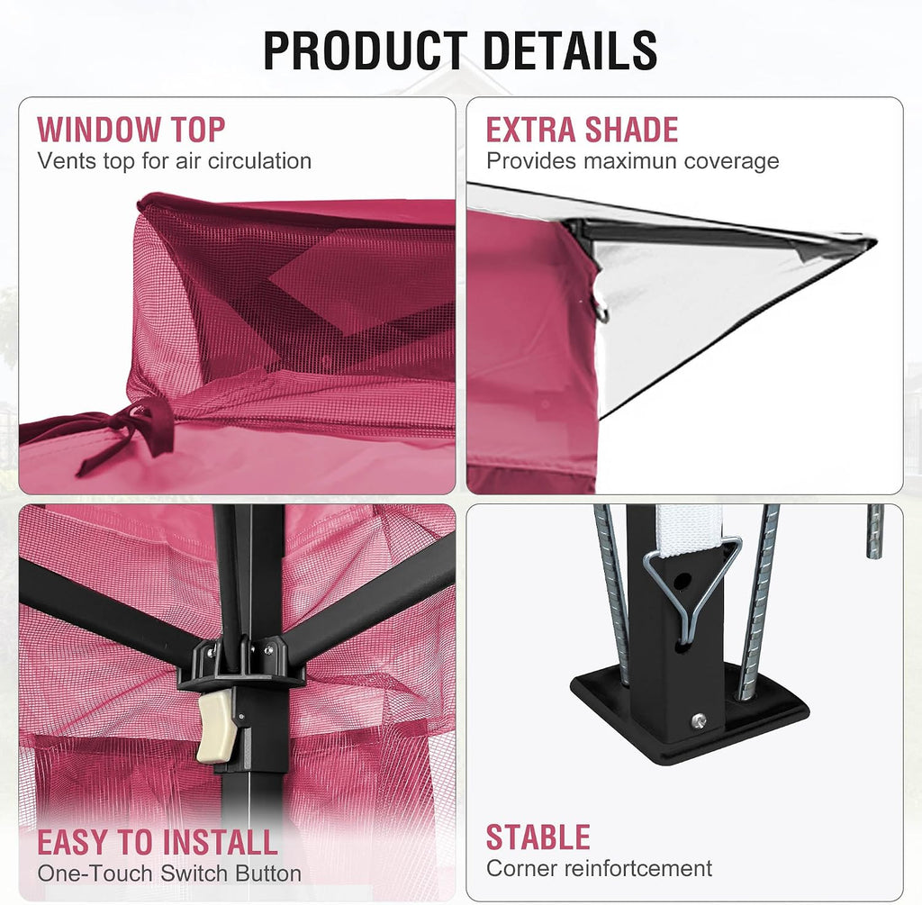 Pop Up Gazebo 11x11, Outdoor Instant Canopy Shelter Tent with Mosquito Netting Metal Frame Storage Bag for Patio Garden Backyard.(Pink)