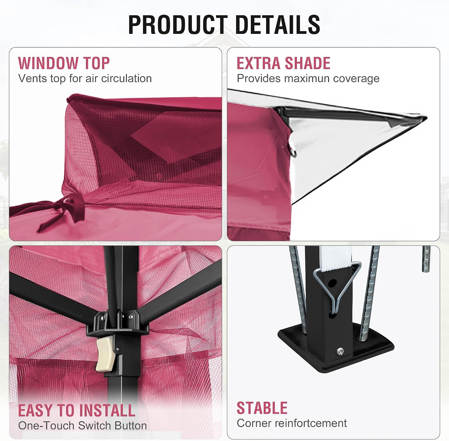 Pop Up Gazebo 11x11, Outdoor Instant Canopy Shelter Tent with Mosquito Netting Metal Frame Storage Bag for Patio Garden Backyard.(Pink)