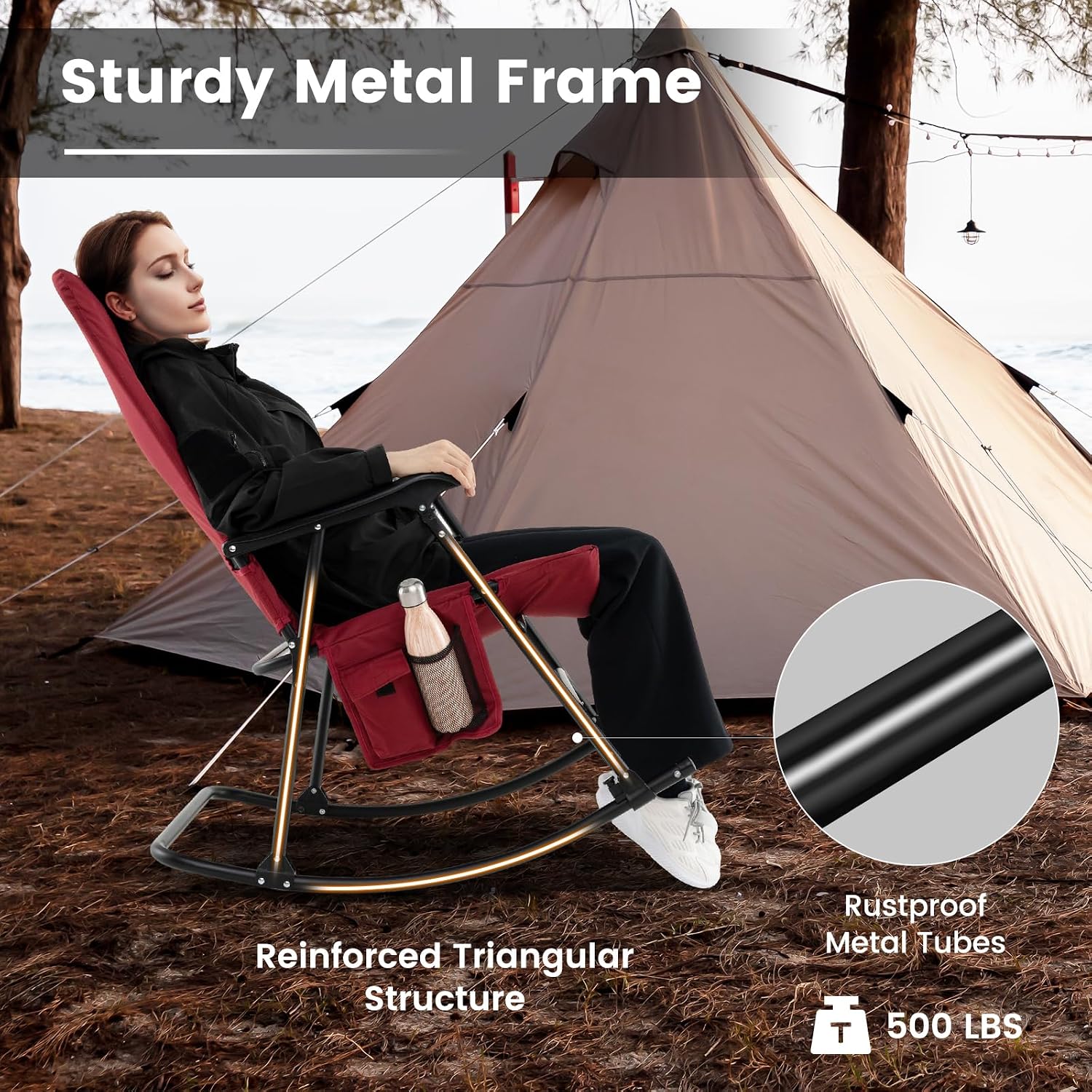 Goplus Oversized Folding Rocking Chair, Padded Patio Lounge Rocker w/Metal Frame, Armrests, Side Pocket, Lightweight Portable Rocking Chair for Backyard Camping Travel, Supports up to 500 lbs(2,Red)