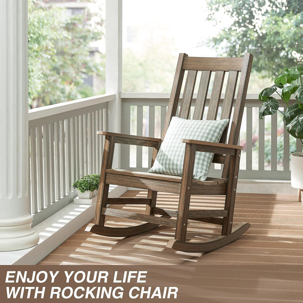 Rocking Chair Outdoor, HDPE Oversized Patio Rocking Chairs, Weather Resistant, 350lbs Heavy Duty Porch Rocker with High Back for Backyard, Fire Pit, Garden and Indoor (Brown)