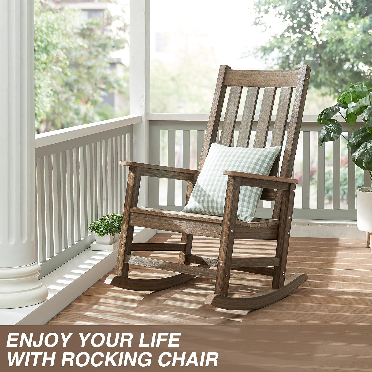 Rocking Chair Outdoor, HDPE Oversized Patio Rocking Chairs, Weather Resistant, 350lbs Heavy Duty Porch Rocker with High Back for Backyard, Fire Pit, Garden and Indoor (Brown)