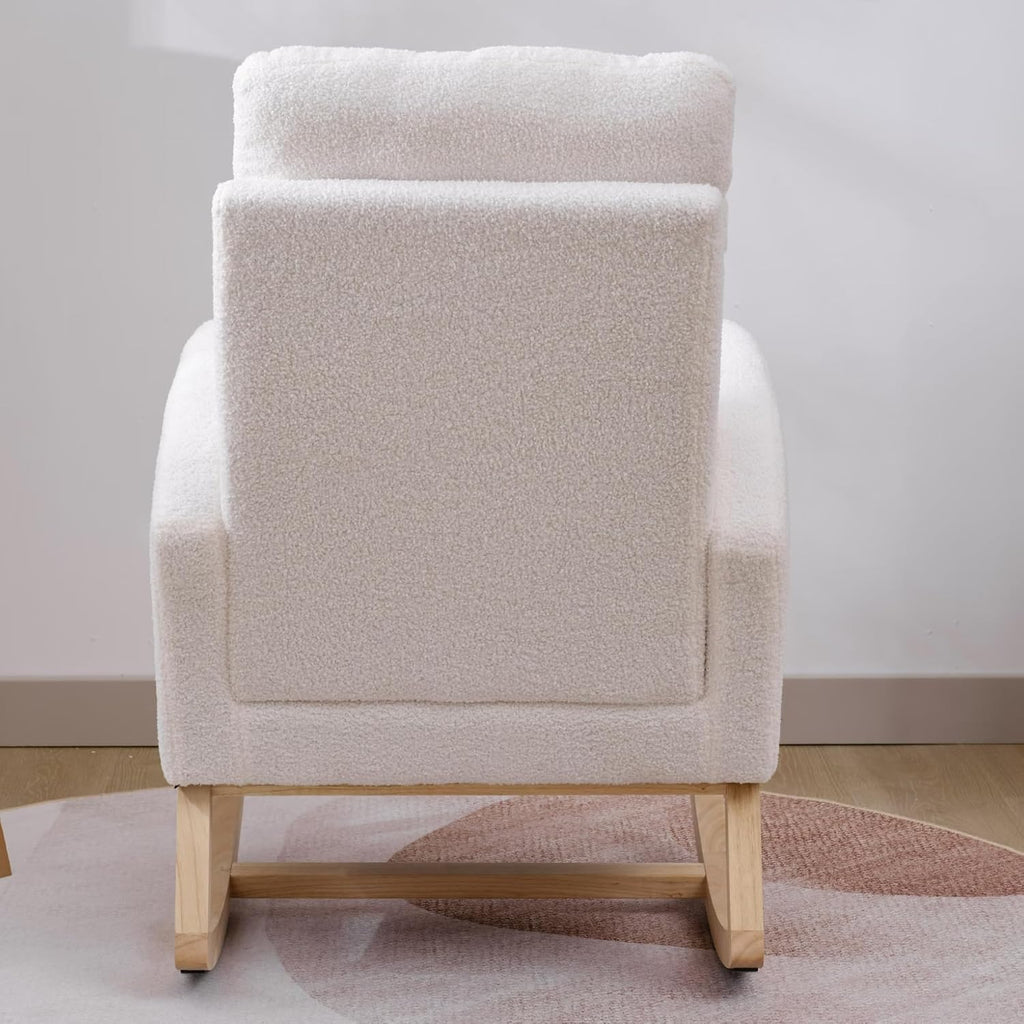 Nursery Rocking Chair with Solid Wood Legs, Glider Chair for Nursery with Side Pocket, Rocker Armchair for Living Room Bedroom (White, Teddy Fabric)