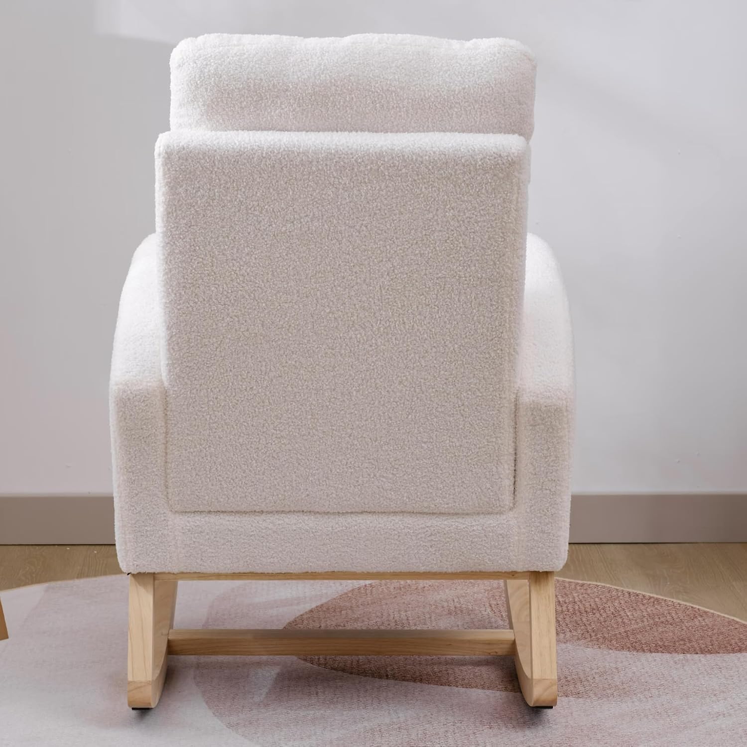 Nursery Rocking Chair with Solid Wood Legs, Glider Chair for Nursery with Side Pocket, Rocker Armchair for Living Room Bedroom (White, Teddy Fabric)