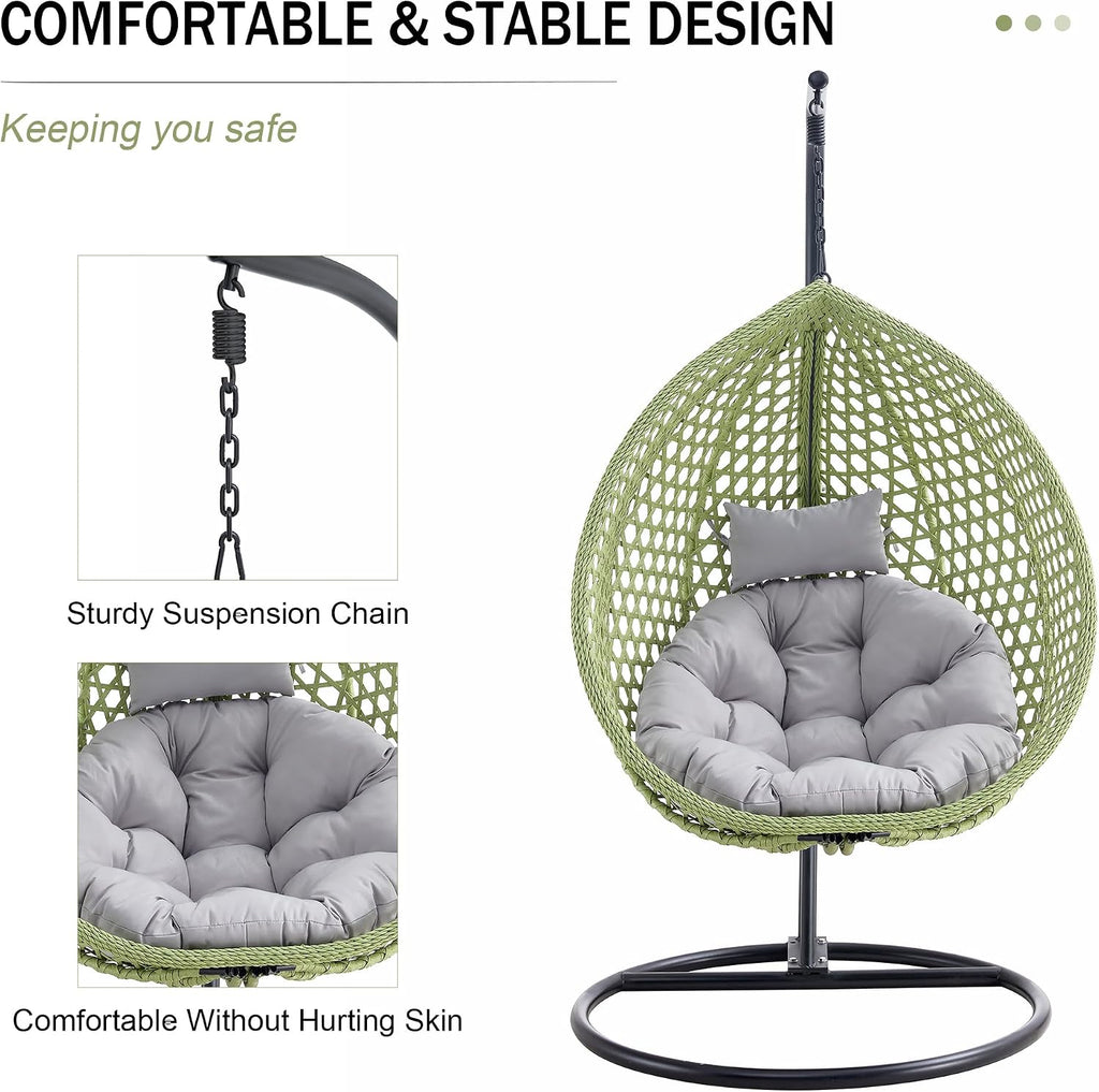 Hanging Egg Chair with Stand & Cushions, Outdoor and Indoor Hammock Rattan Swing Chair 350 lbs Capacity with Aluminum Steel Frame for Patio, Balcony, Backyard and Living Spaces (Green)