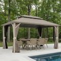 PURPLE LEAF 10' x 14' Outdoor Hardtop Gazebo with 7 Pieces Outdoor Dining Set, Champagne Aluminum Gazebo with Galvanized Steel Double Roof, Curtains and Netting for Patio Lawn and Garden
