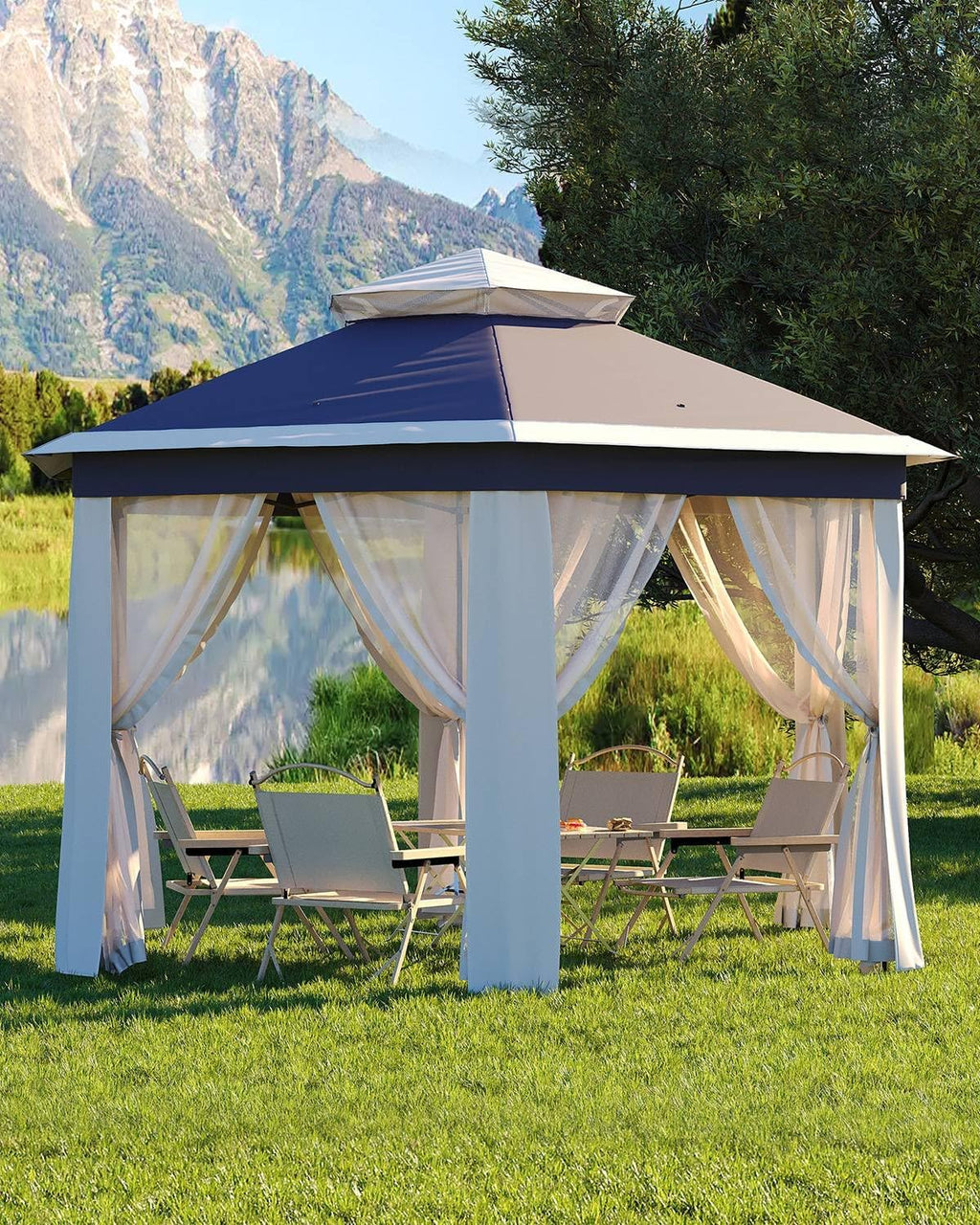 Pop Up Gazebo 13x13, Outside Canopy Tent-6 Side with Mosquito Netting, One Push Setup for Backyard Patio Garden Activities-Blue