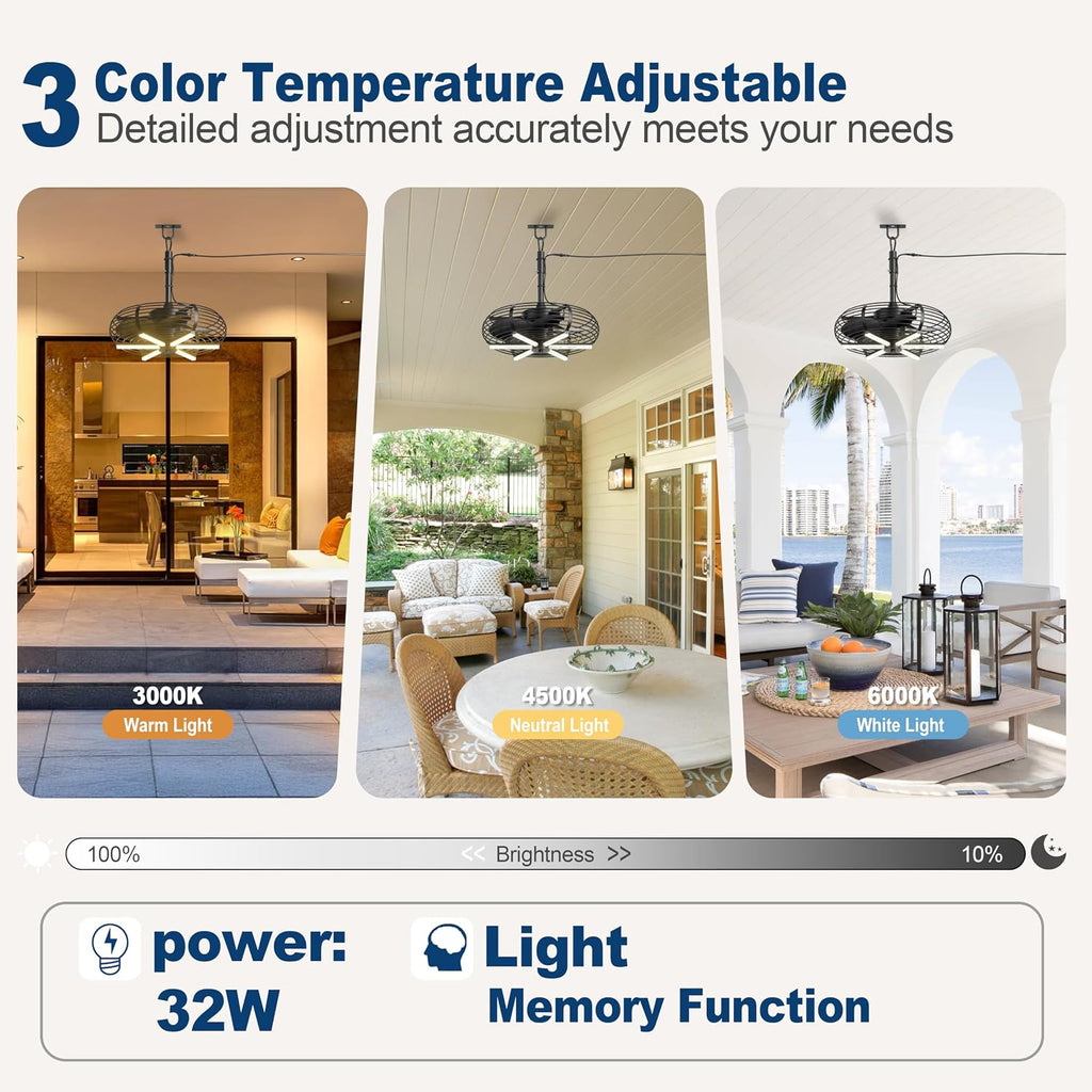 Coolbull Outdoor Ceiling Fans with Light for Patios, 20'' Gazebo Fan, Plug in Ceiling Fan, Waterproof, Remote&APP Control, Hanging with Hook, Black
