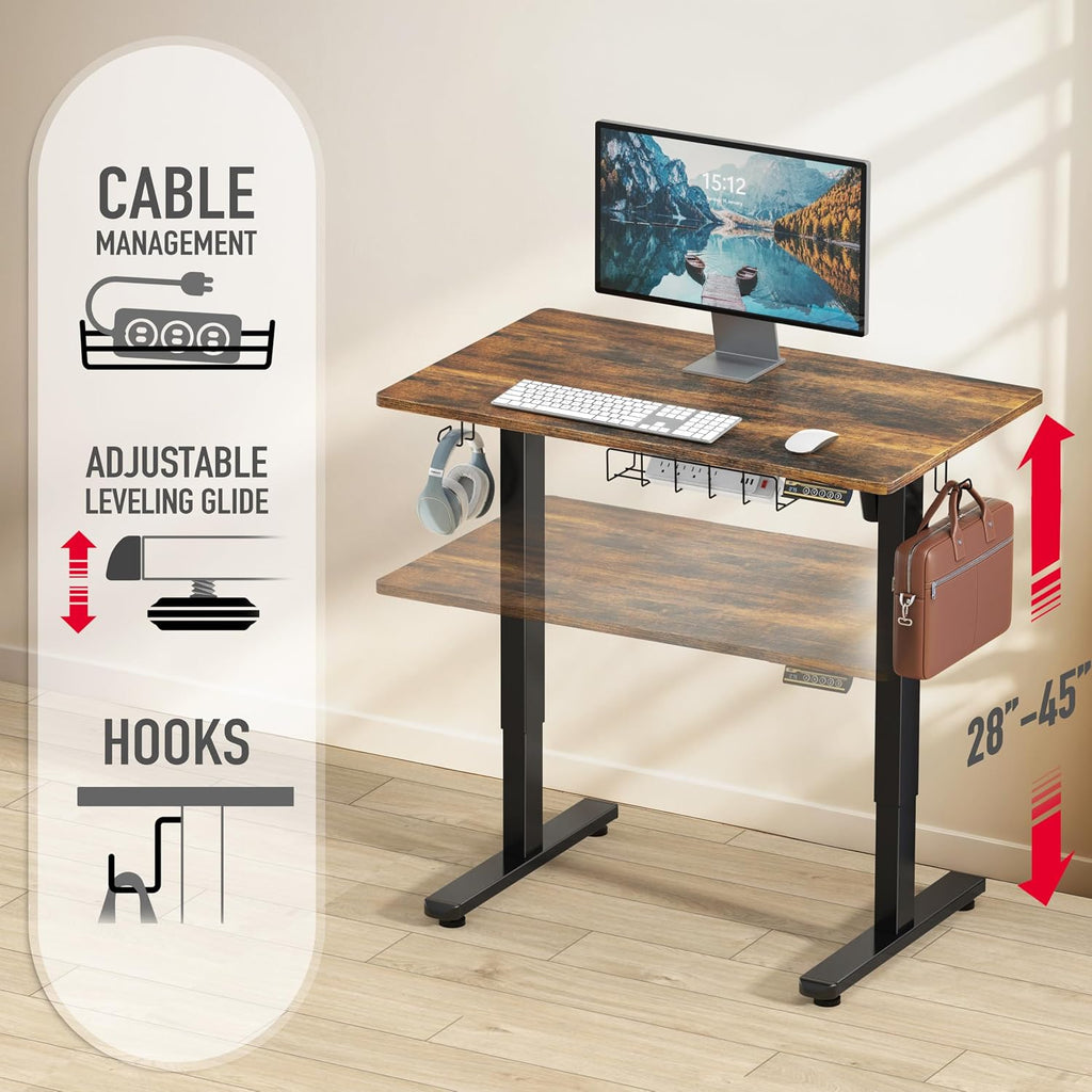 SHW 40 x 22 Inches Electric Height Adjustable Sit to Stand Desk with Hanging Hooks and Cable Management, Black Frame and Rustic Brown Top
