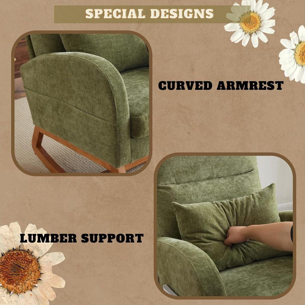 VINGLI Olive Chenille Rocking Chair Nursery with Thick Headrest, Upholstered Mid-Century Modern Nursing Rocker Glider with Curved Armrest, Sturdy Solid Wood Base for Living Room, Bedroom, Baby Room