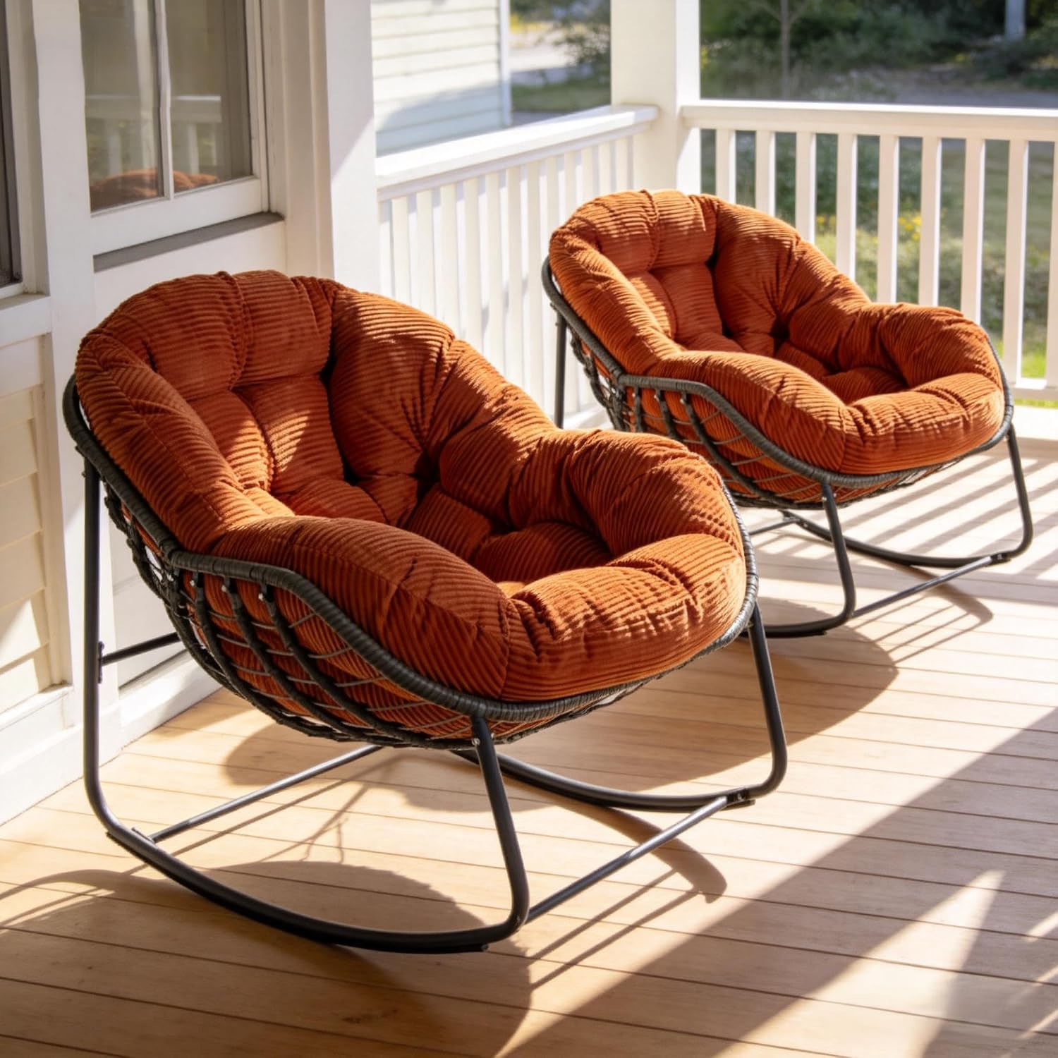 YDcosyfy Oversized Outdoor Papasan Rocking Chair Set of 2 with Soft Cushion, Comfy Patio Egg Chair, Wicker Lounge Rocker for Balcony/Porch/Garden, Reinforced All Weather Rattan Frame, Burnt Orange