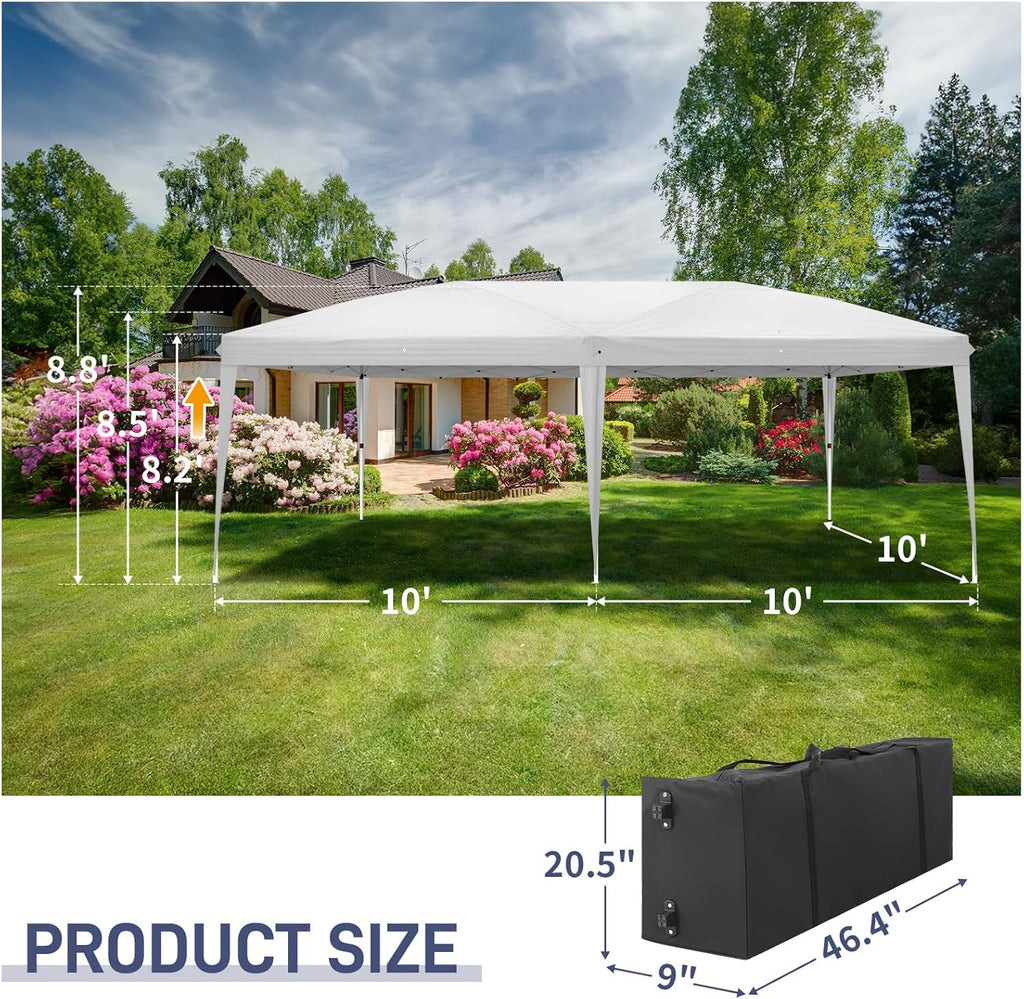 Outvita 10x20ft Pop Up Canopy Tent, Outdoor Instant Shelter Folding Canopy with Carry Bag for Commercial Events, Party, Backyard BBQ, Camping White