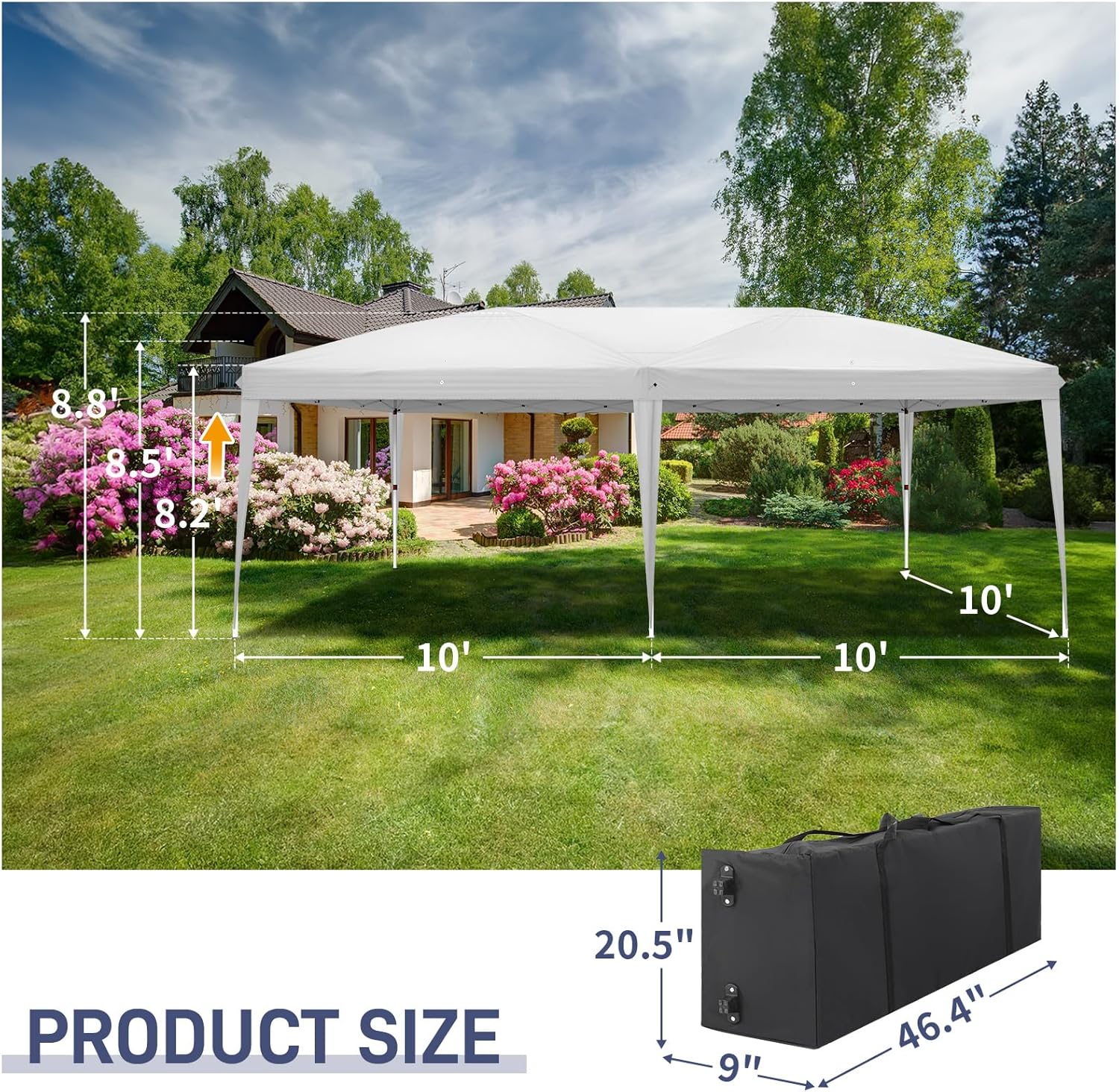 Outvita 10x20ft Pop Up Canopy Tent, Outdoor Instant Shelter Folding Canopy with Carry Bag for Commercial Events, Party, Backyard BBQ, Camping White