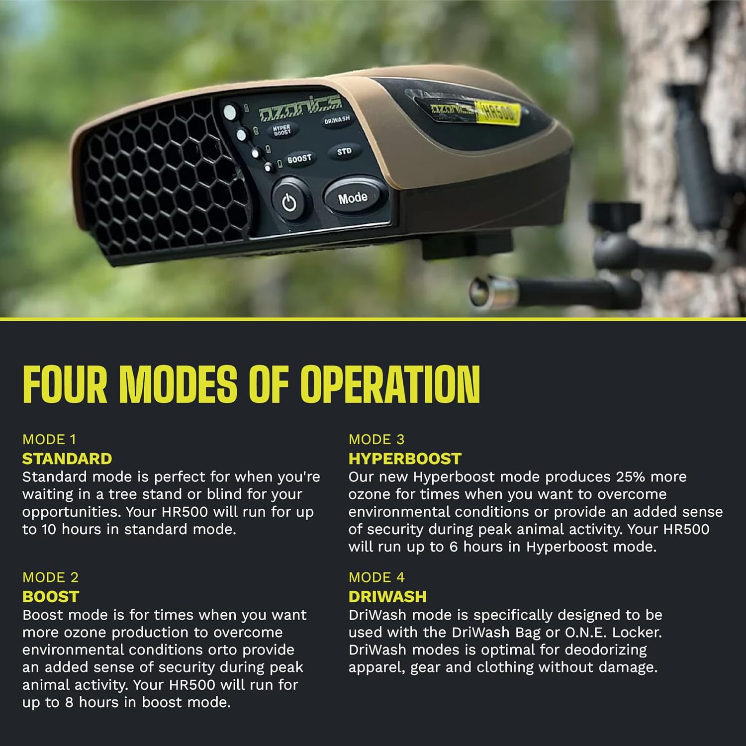 Ozonics HR500 Scent Eliminator with New Hyperboost Mode | Ozone Generator for Hunting with 4 Modes of Operation, Odor Eliminator with Bluetooth Connectivity - XL Battery & Smart Arm Mount Included
