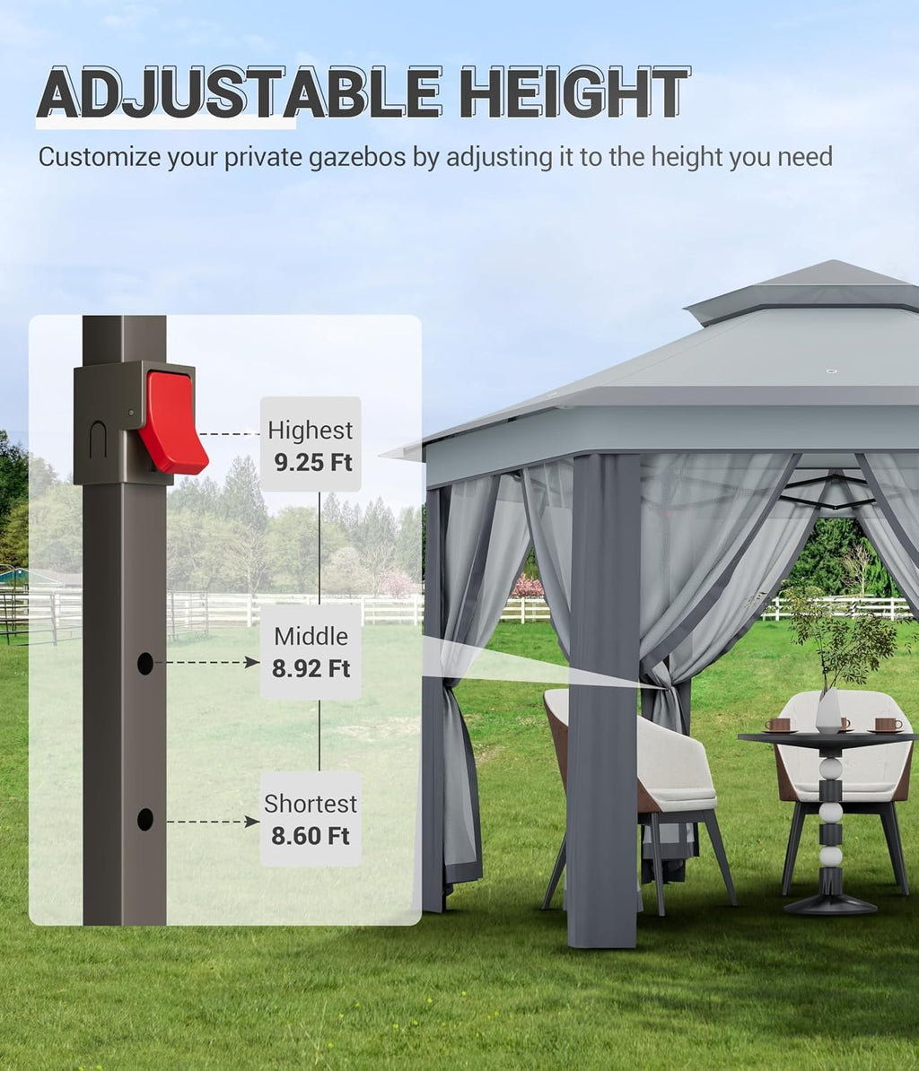 Hipicute 13 x 13 Ft Pop Up Hexagonal Gazebo, Outdoor Canopy Shelter, Pop up Gazebos Tent with Netting and Strong Steel Frame for Patio Lawn Backyard and Deck - Gray