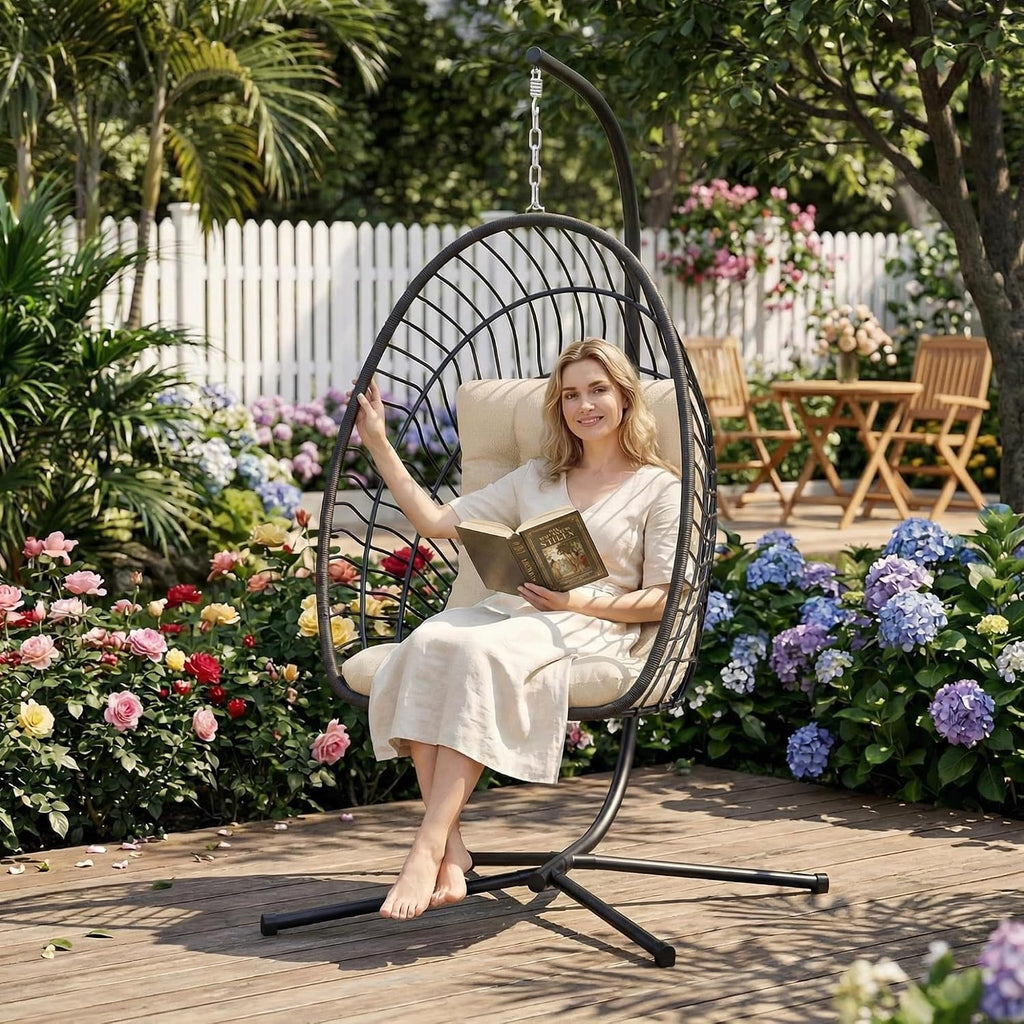 Kingdura Hanging Egg Chair with Stand Indoor Outdoor, Foldable Rattan Wicker Hammock Egg Swing Chair for Bedroom Porch Patio Garden, Thickened Cushion, 350LBS Capacity, Heavy Duty Frame
