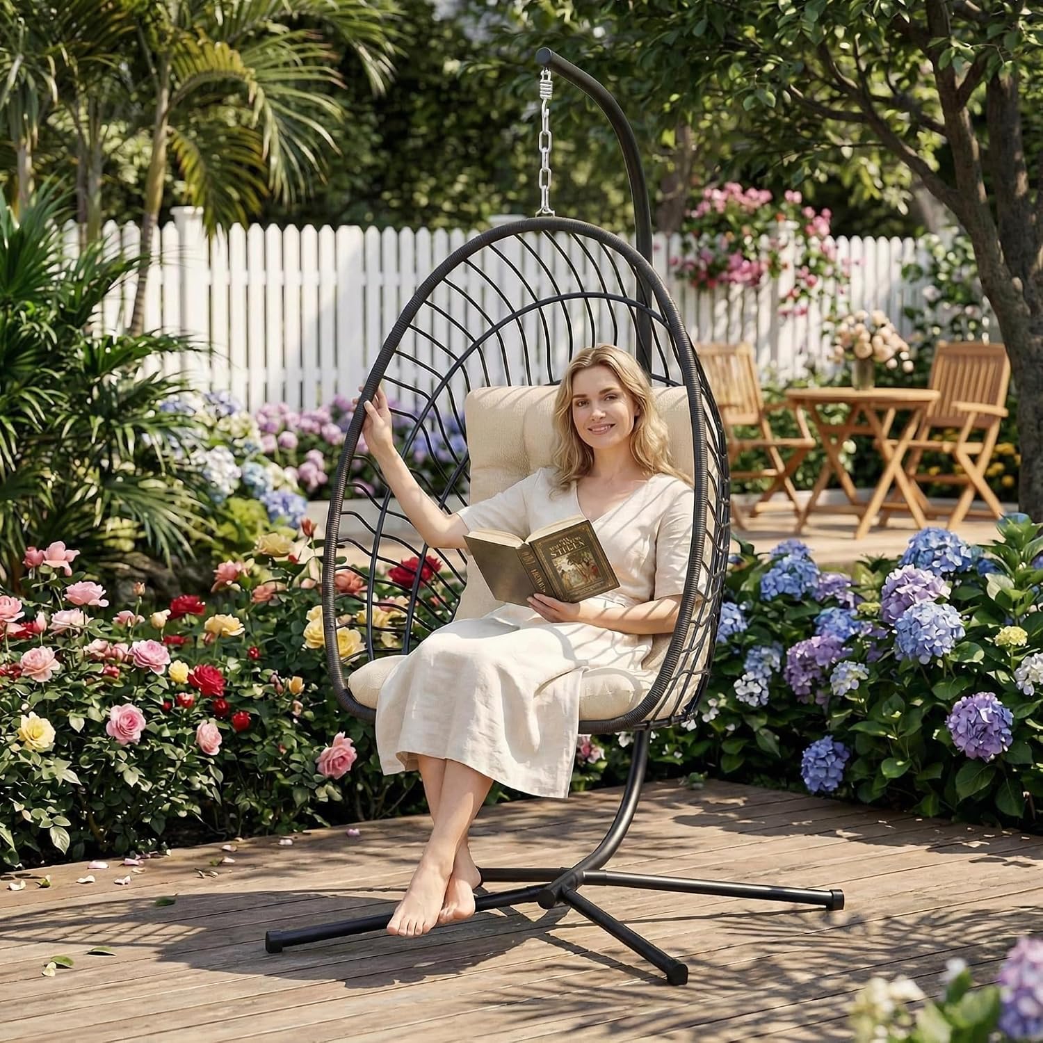 Kingdura Hanging Egg Chair with Stand Indoor Outdoor, Foldable Rattan Wicker Hammock Egg Swing Chair for Bedroom Porch Patio Garden, Thickened Cushion, 350LBS Capacity, Heavy Duty Frame