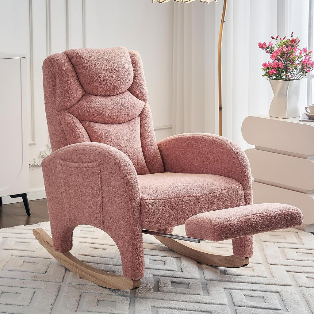 FOXHUNTER Rocking Chair Nursery, Modern Glider Chair with Adjustable Footrest and Solid Wood Legs, High Backrest Nursery Chair with Side Pocket, Rocker Armchair for Living Room Bedroom, Teddy Pink