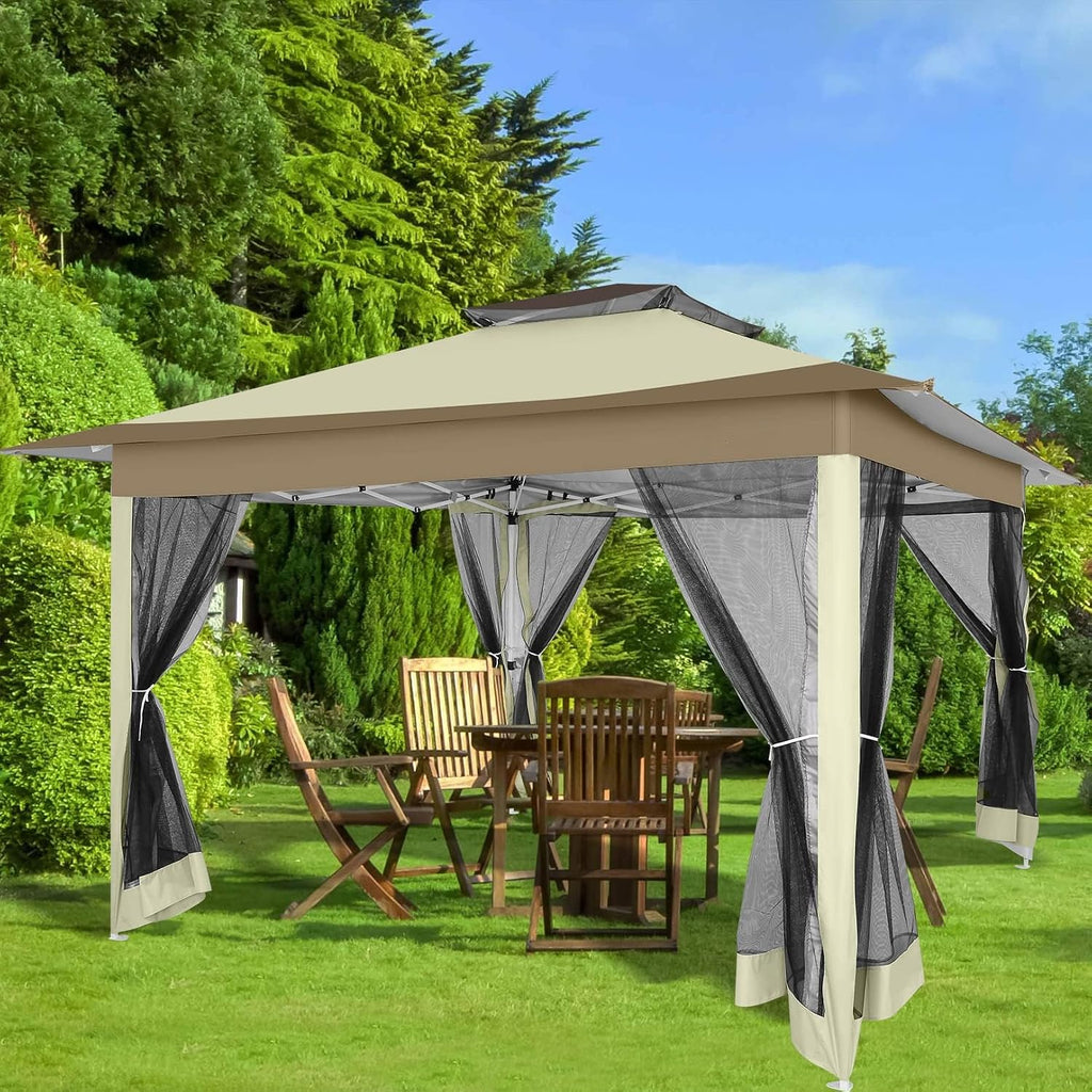 HOTEEL 13x13 Pop Up Gazebo Canopy Tent - Easy Up Outdoor Waterproof Portable Gazebo With Mosquito Nettings, Double Vented Roof and Carry Bag for Patio Garden Lawn (Khaki)
