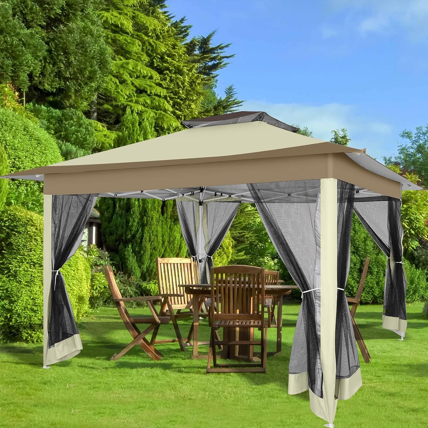 HOTEEL 13x13 Pop Up Gazebo Canopy Tent - Easy Up Outdoor Waterproof Portable Gazebo With Mosquito Nettings, Double Vented Roof and Carry Bag for Patio Garden Lawn (Khaki)