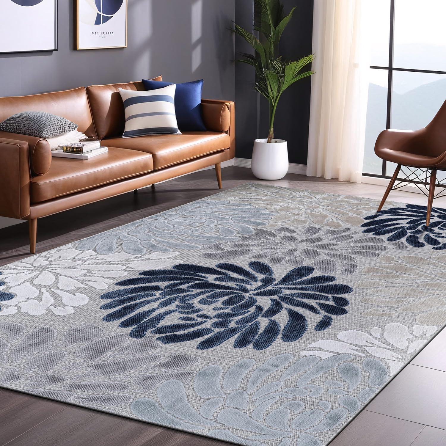 Luul Home Floral Indoor Outdoor Rugs 6x9 Large Area Rug for Living Room, Patio Decor, Kitchen, and Entryway Rug, Washable Stain Resistant Outside Carpet Blue 6 x 9