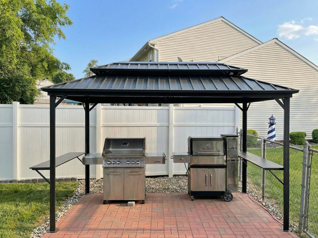 PURPLE LEAF 6.5' X 12' Hardtop Grill Gazebo for Patio Permanent Aluminum Barbeque Shelter with Ceiling Hook and Shelves Double Tiered Grey Outdoor BBQ Gazebo