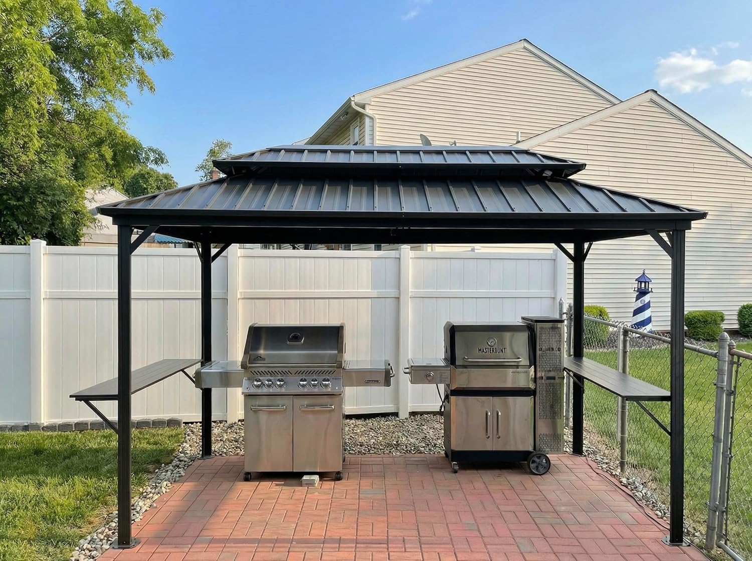 PURPLE LEAF 6.5' X 12' Hardtop Grill Gazebo for Patio Permanent Aluminum Barbeque Shelter with Ceiling Hook and Shelves Double Tiered Grey Outdoor BBQ Gazebo