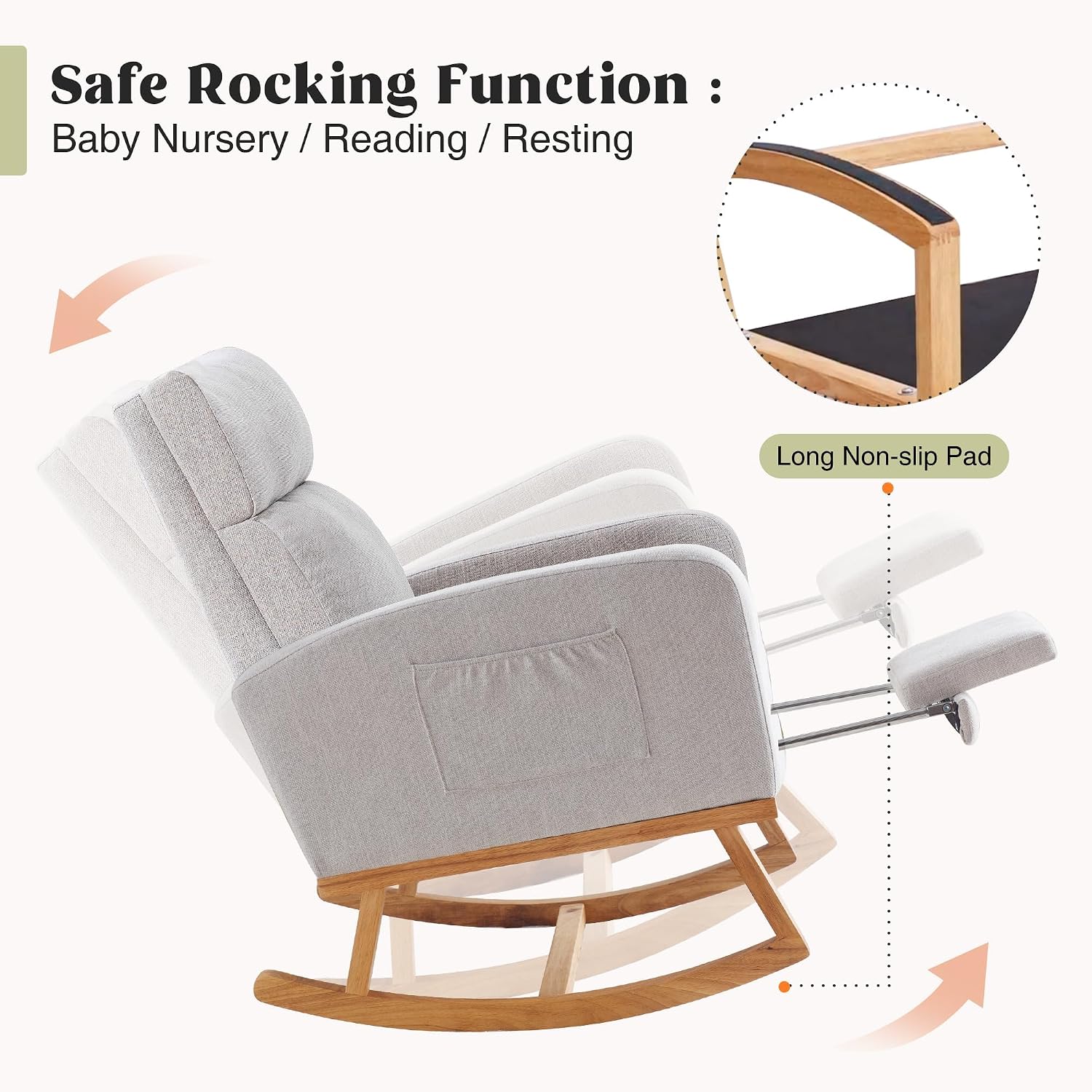 HCHAIRH Rocking Chair Nursery with Foot Rest, Nursing Rocking Chairs for Mom Breastfeeding, Rocker Glider Chair with High Backrest for Living Room, Bedroom, Light Grey