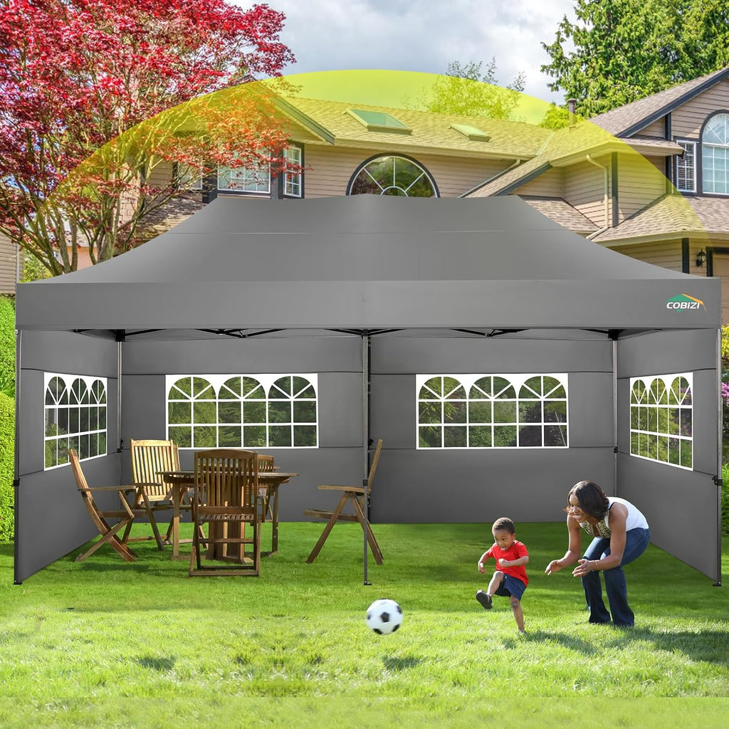COBIZI 10x20 Canopy with Sidewalls, Heavy Duty Party Tent Pop up Canopy, Tents for Parties, Wedding, Outdoor Easy up Foldable Portable Canopy Tent with Wheeled Bag, Grey(Windproof Upgrade)