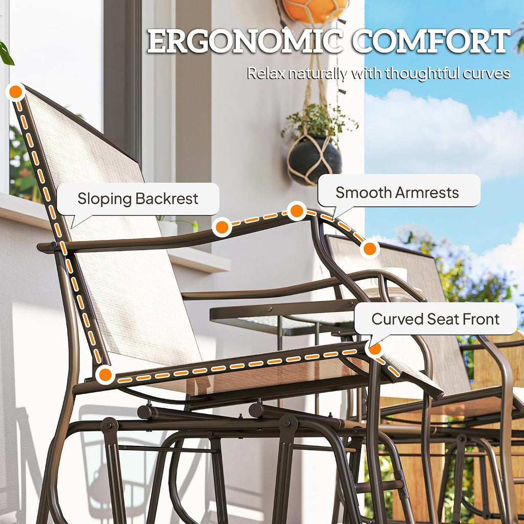 Outsunny Outdoor Glider Chairs with Coffee Table, Patio 2-Seat Rocking Chair Swing Loveseat with Breathable Sling for Backyard, Garden, and Porch, Light Brown