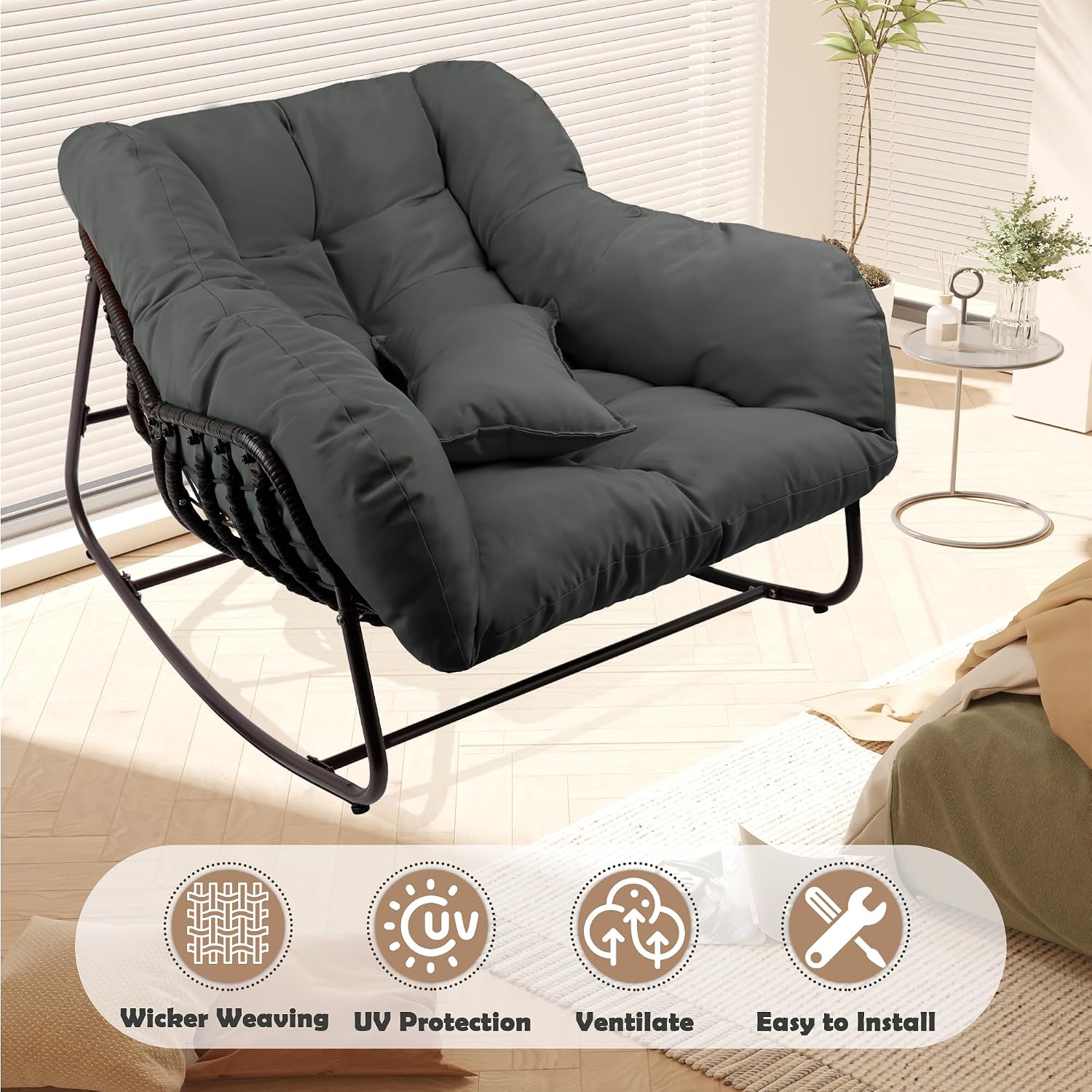 Papasan Rocking Chair Indoor & Outdoor, All Weather Wicker Papasan Patio Chair with Cushion & Pillow, Oversized Papasan Rocker Egg Chair for Bedroom, Garden, Patio - Grey.