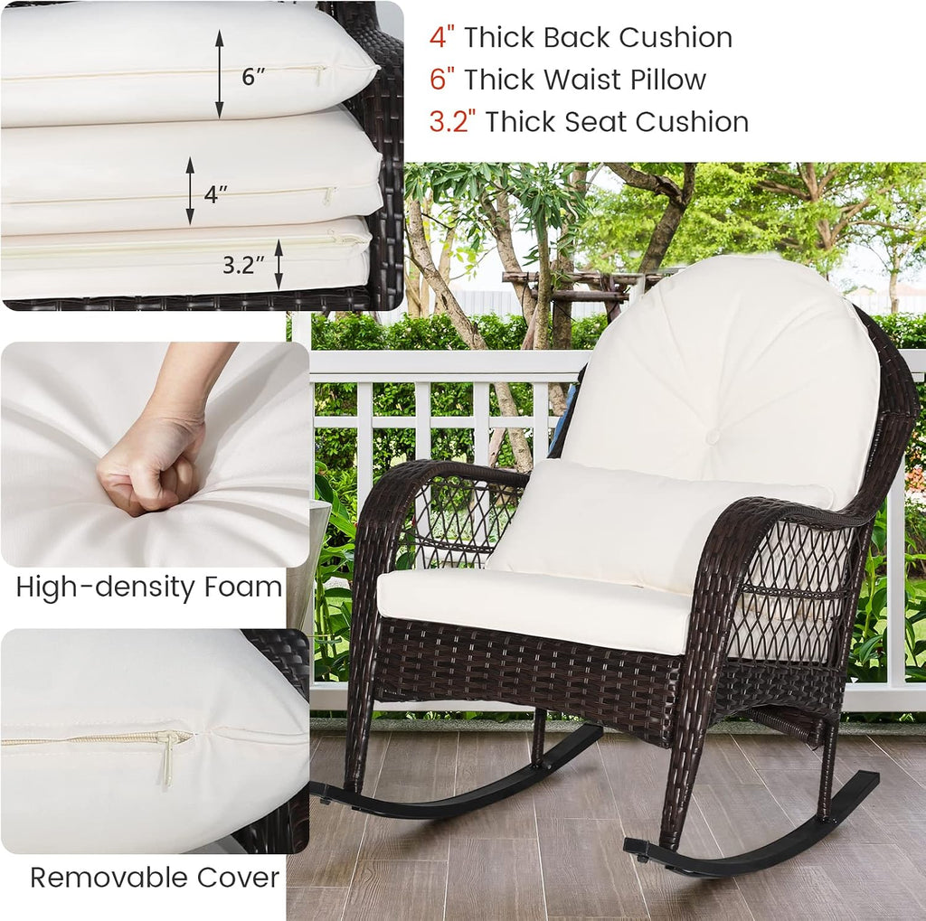 MEDIMALL Outdoor Wicker Rocking Chair, Patio Rattan Rocker w/Lumbar Pillow, Padded Seat & Back Cushions, Metal Frame, Mix Brown Wicker Furniture for Balcony, Porch, Deck, Backyard (Off White)