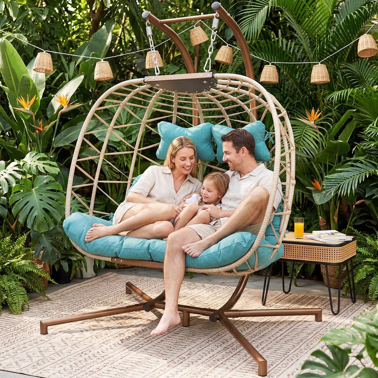 RADIATA 2 Person Egg Chair Swing with Stand Outdoor, Extra Large Double Hanging Egg Chair, Oversized Sturdy Wicker Patio Chairs with Cushion Loveseat for Indoor Backyard Balcony Bedroom Porch, Teal