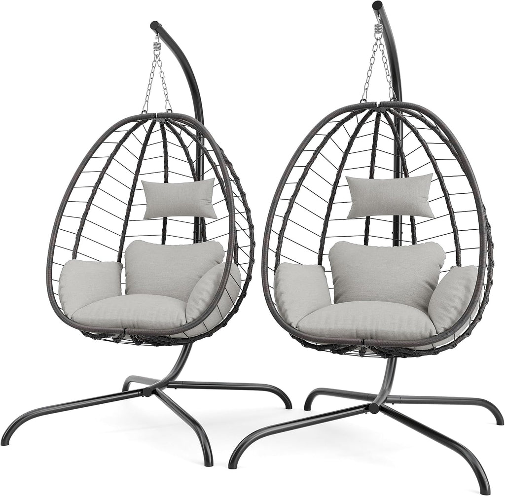 2 Pieces Outdoor Hanging Egg Chair with Stand,Patio Wicker Swing Egg Chair Hammock Chair with UV Resistant Cushion,All-Weather 485lbs Capacity for Bedroom,Balcony,Garden,Beige