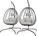 2 Pieces Outdoor Hanging Egg Chair with Stand,Patio Wicker Swing Egg Chair Hammock Chair with UV Resistant Cushion,All-Weather 485lbs Capacity for Bedroom,Balcony,Garden,Beige
