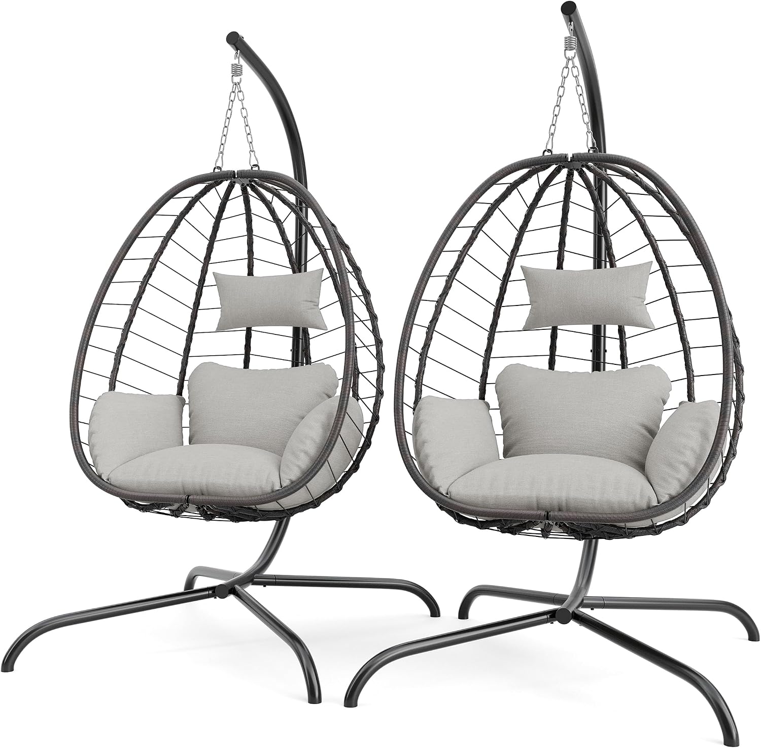 2 Pieces Outdoor Hanging Egg Chair with Stand,Patio Wicker Swing Egg Chair Hammock Chair with UV Resistant Cushion,All-Weather 485lbs Capacity for Bedroom,Balcony,Garden,Beige