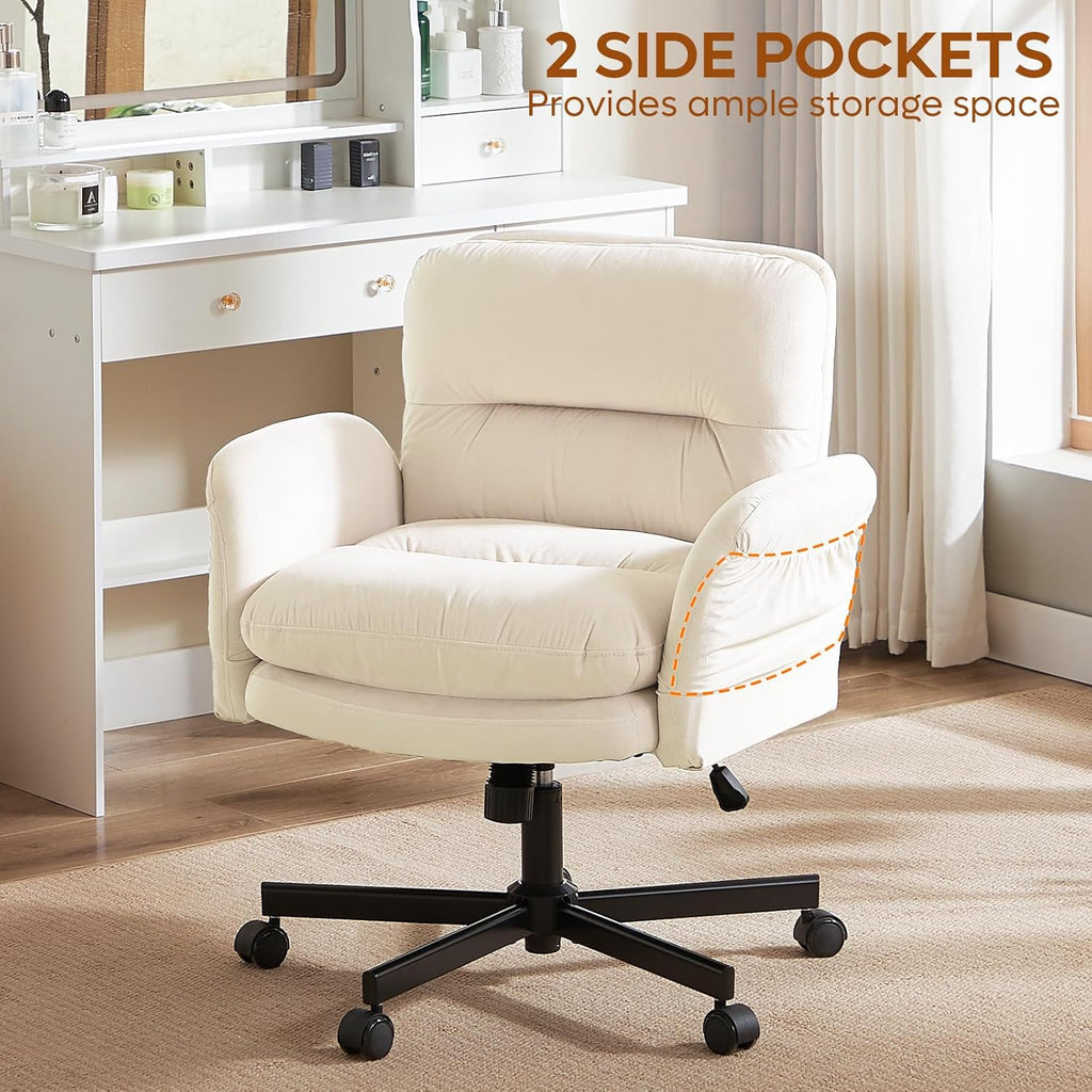 Bestier Criss Cross Chair with Flip-Up Armrests, Swivel Makeup Vanity Chair with Wheels & Side Pockets, Cross Legged Office Chair for Home Office, Bedroom, Beige Velvet