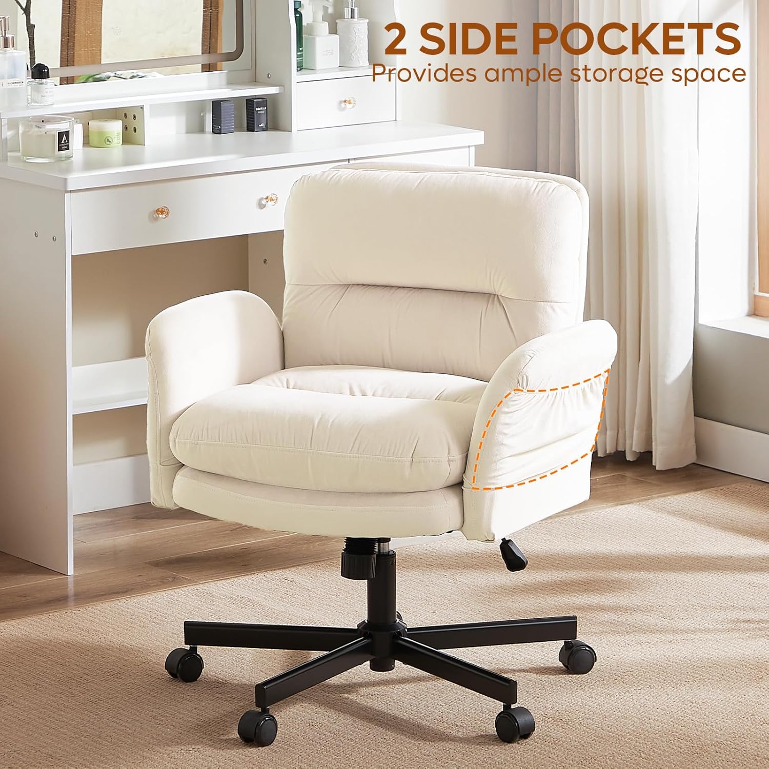 Bestier Criss Cross Chair with Flip-Up Armrests, Swivel Makeup Vanity Chair with Wheels & Side Pockets, Cross Legged Office Chair for Home Office, Bedroom, Beige Velvet