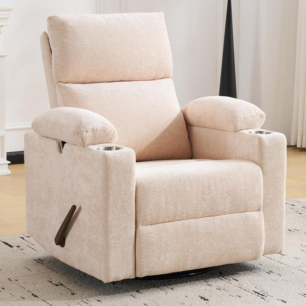 Swivel Rocker Recliner with Adjustable Armrests, Rocking Nursery Chair with Adjustable Headrest, Cup Holder, Manual Recliner Nursing Chair for Breastfeeding, Chenille Beige