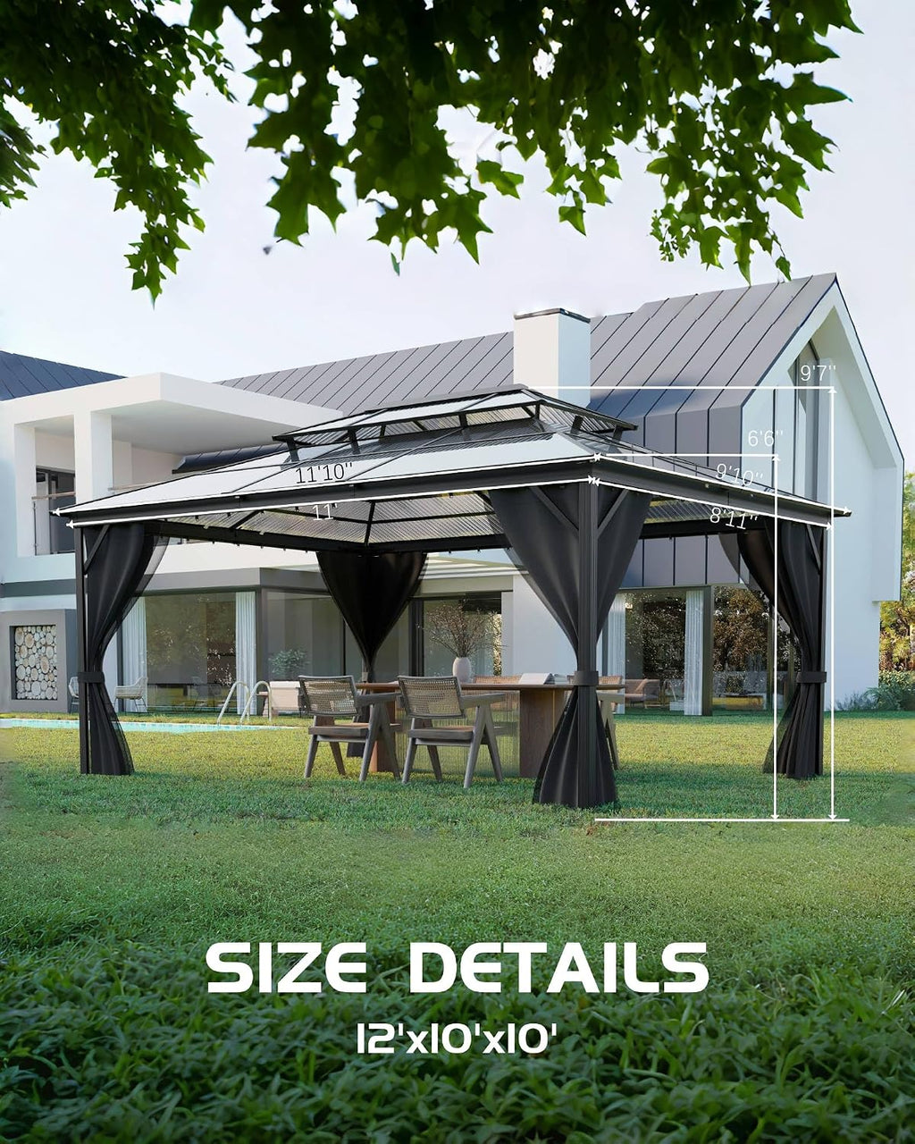 GAOMON Hardtop Gazebo 10'x12', with Double Polycarbonate Roof, Aluminum Alloy Frame, Net, and Curtain, Permanent Building of Backyard Luxury, for Patio, Deck, Backyard, Lawn, and Garden, Gray