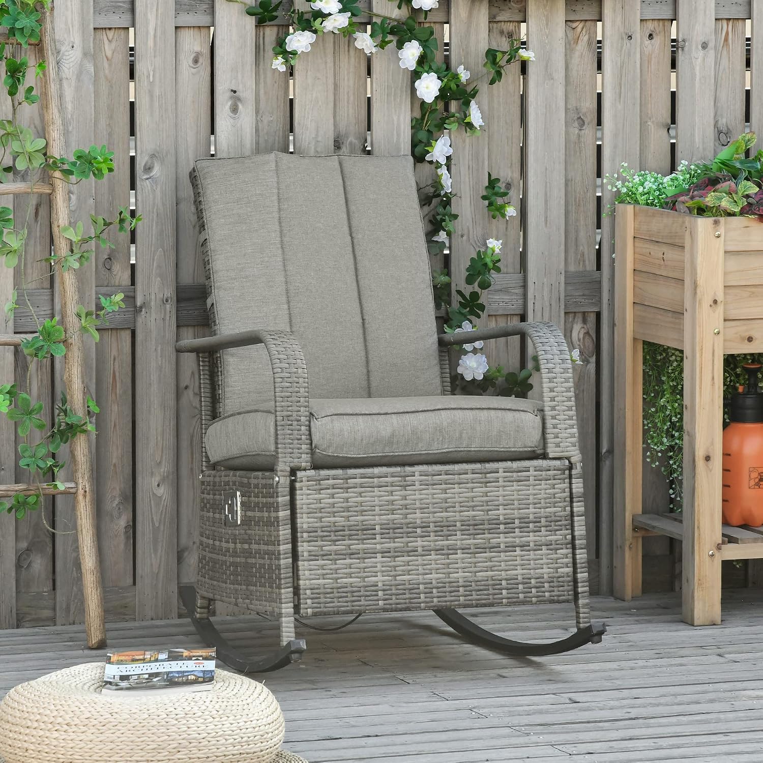 Outsunny Wicker Outdoor Rocking Chair, Patio Recliner with Adjustment Backrest, PE Rattan Lounge Chair with Adjustable Footrest and Cushions for Garden, Backyard, Porch, Gray