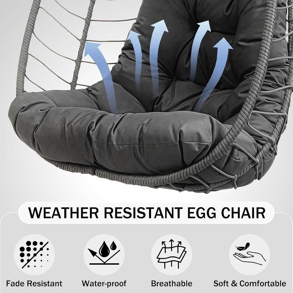 Hanging Egg Chair with Stand, Outdoor Indoor Rattan Wicker Swing Chair, Foldable Patio Hammock with Cushion, Dark Grey, 350 LBS Capacity (Dark Grey)